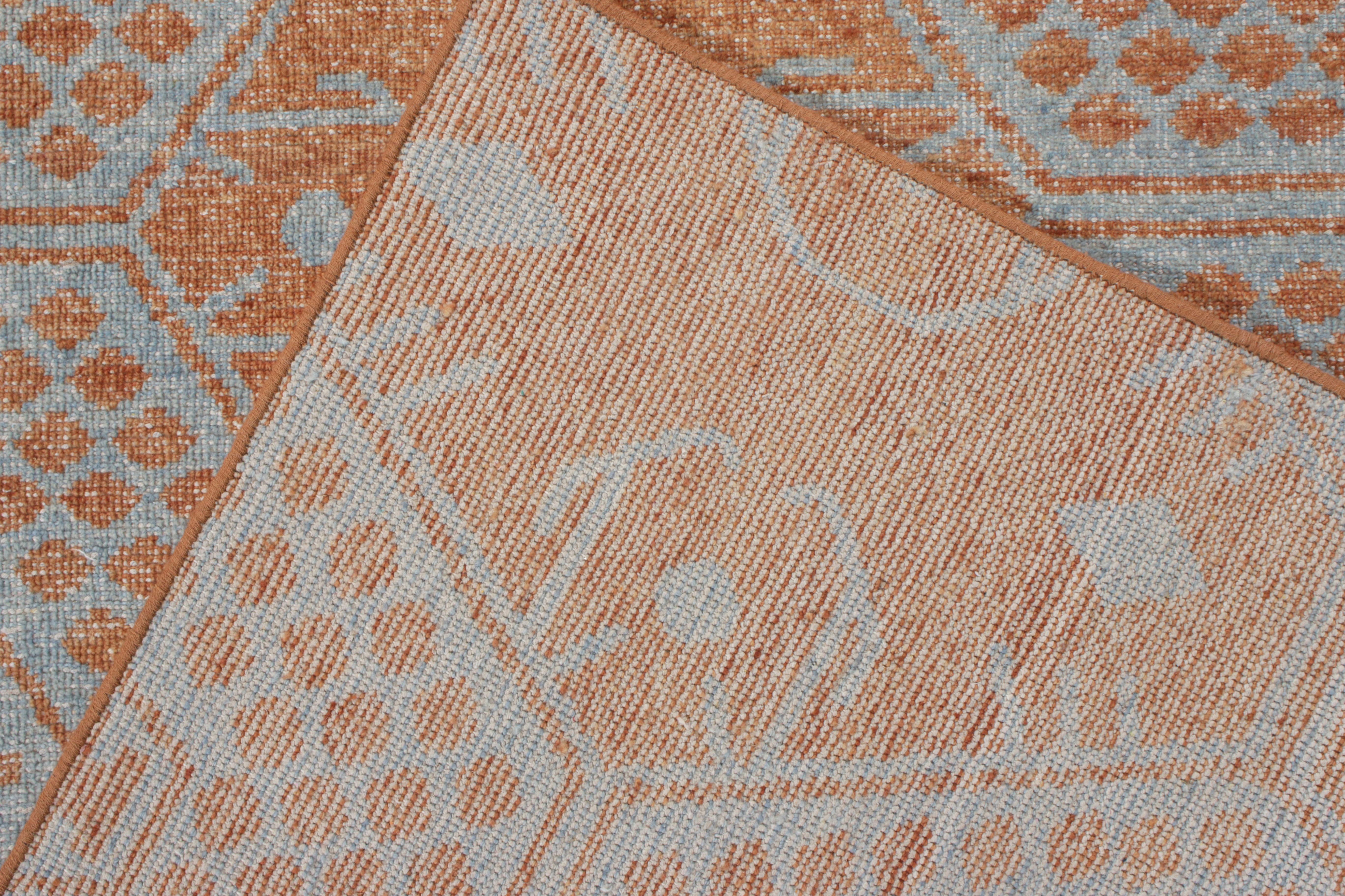 Hand-Knotted Rug & Kilim’s Distressed Classic Style Rug in Orange, Blue Geometric Pattern For Sale