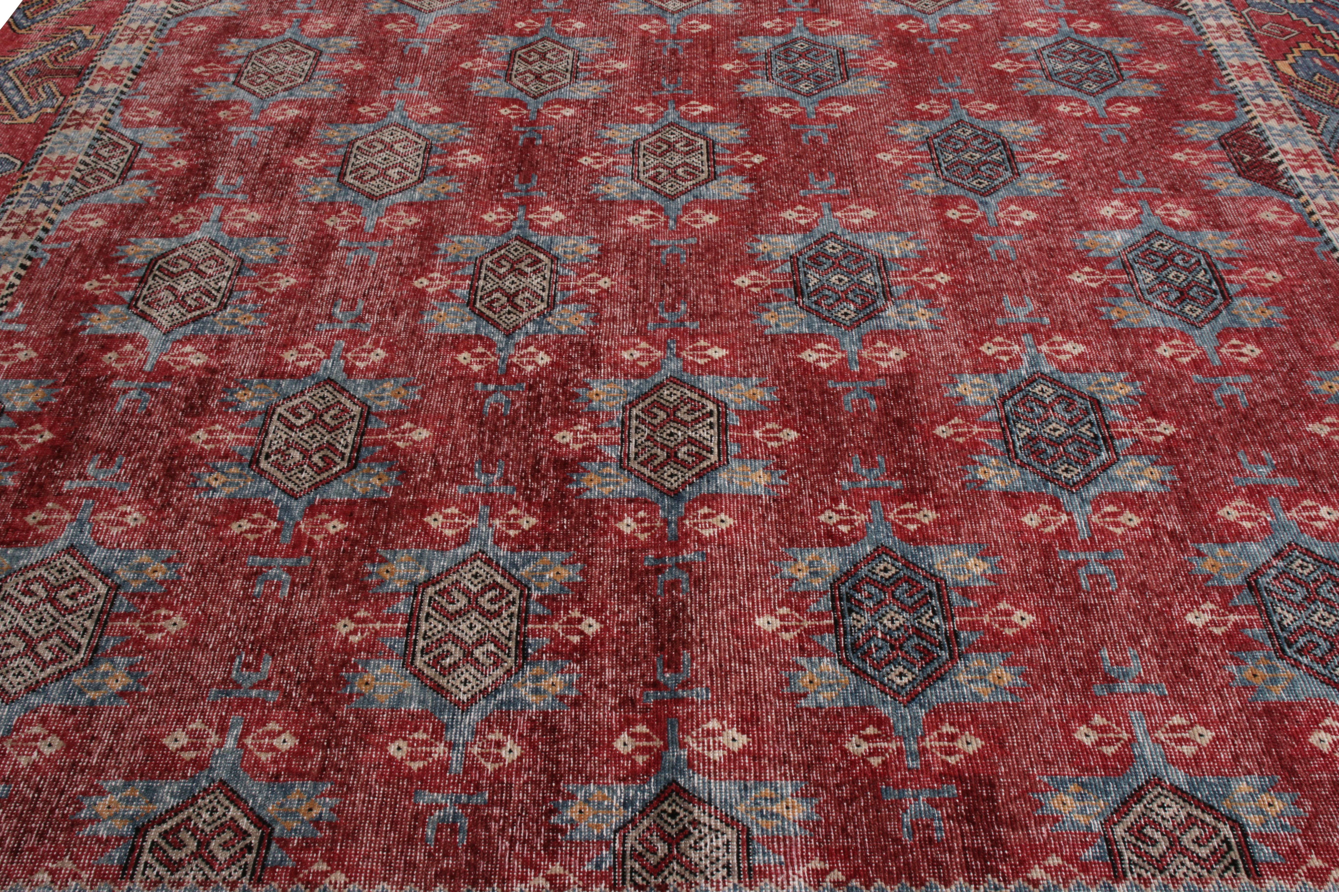 Indian Rug & Kilim’s Distressed Classic Style Rug in Red and Blue Geometric Pattern For Sale