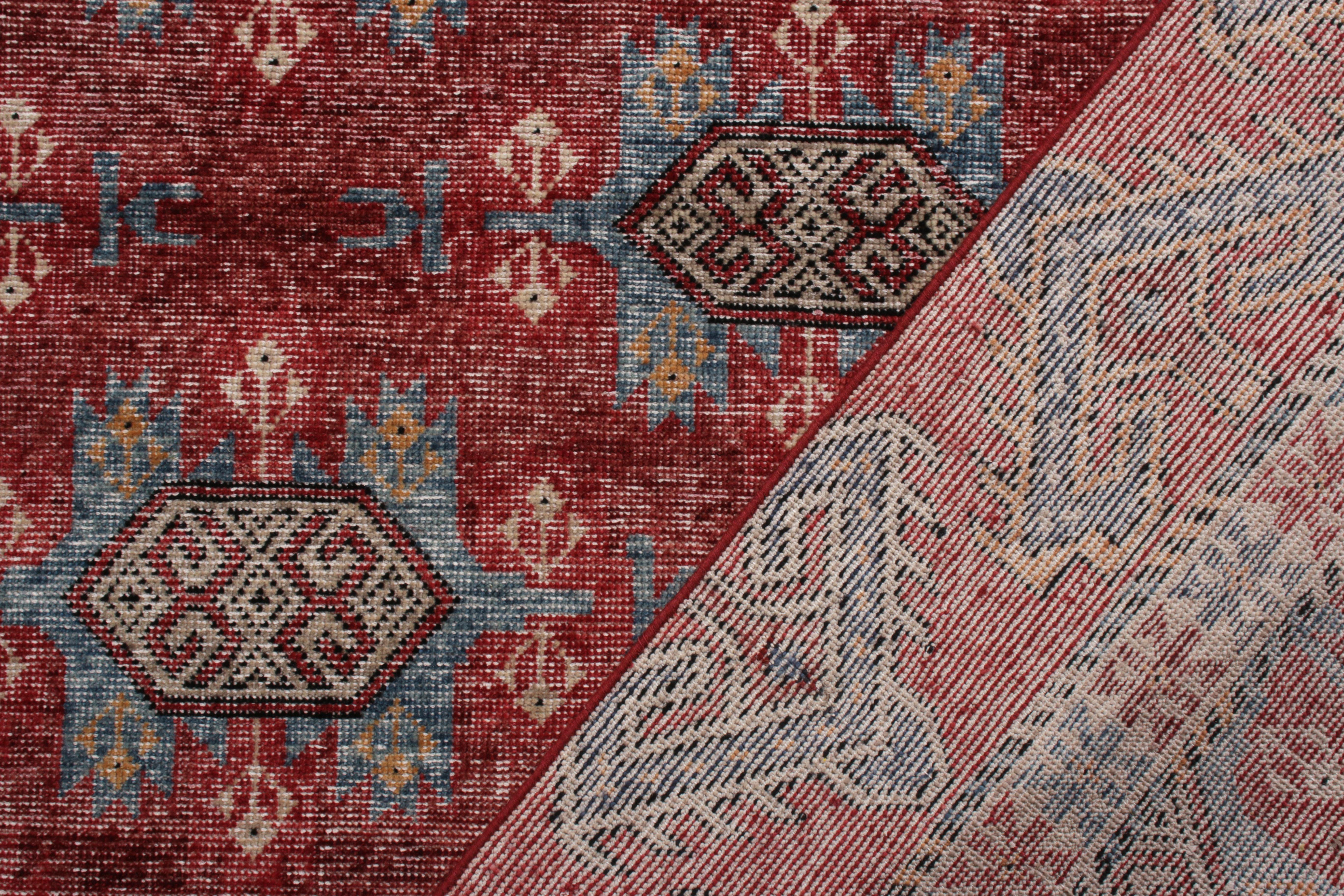Hand-Knotted Rug & Kilim’s Distressed Classic Style Rug in Red and Blue Geometric Pattern For Sale