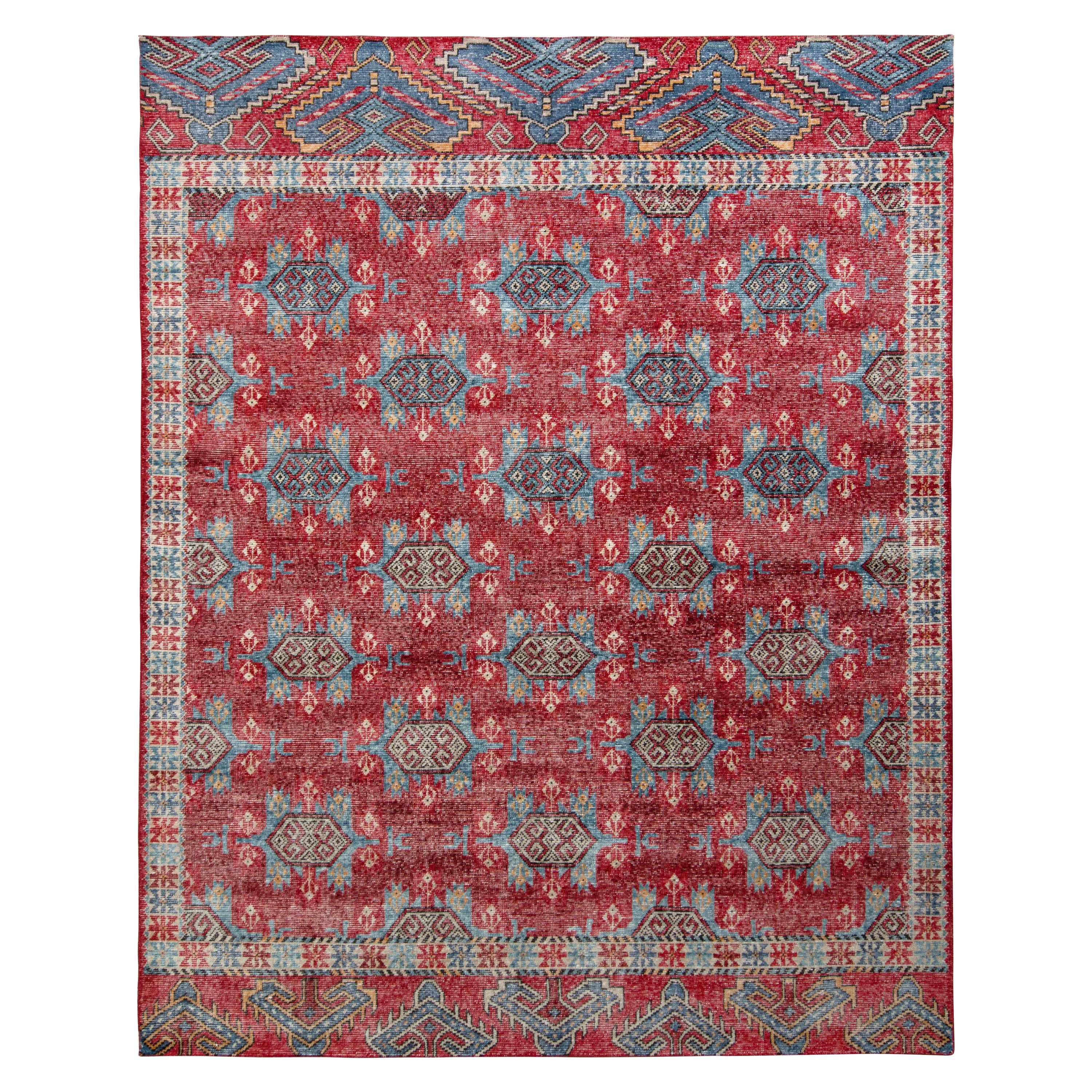Rug & Kilim’s Distressed Classic Style Rug in Red and Blue Geometric Pattern For Sale