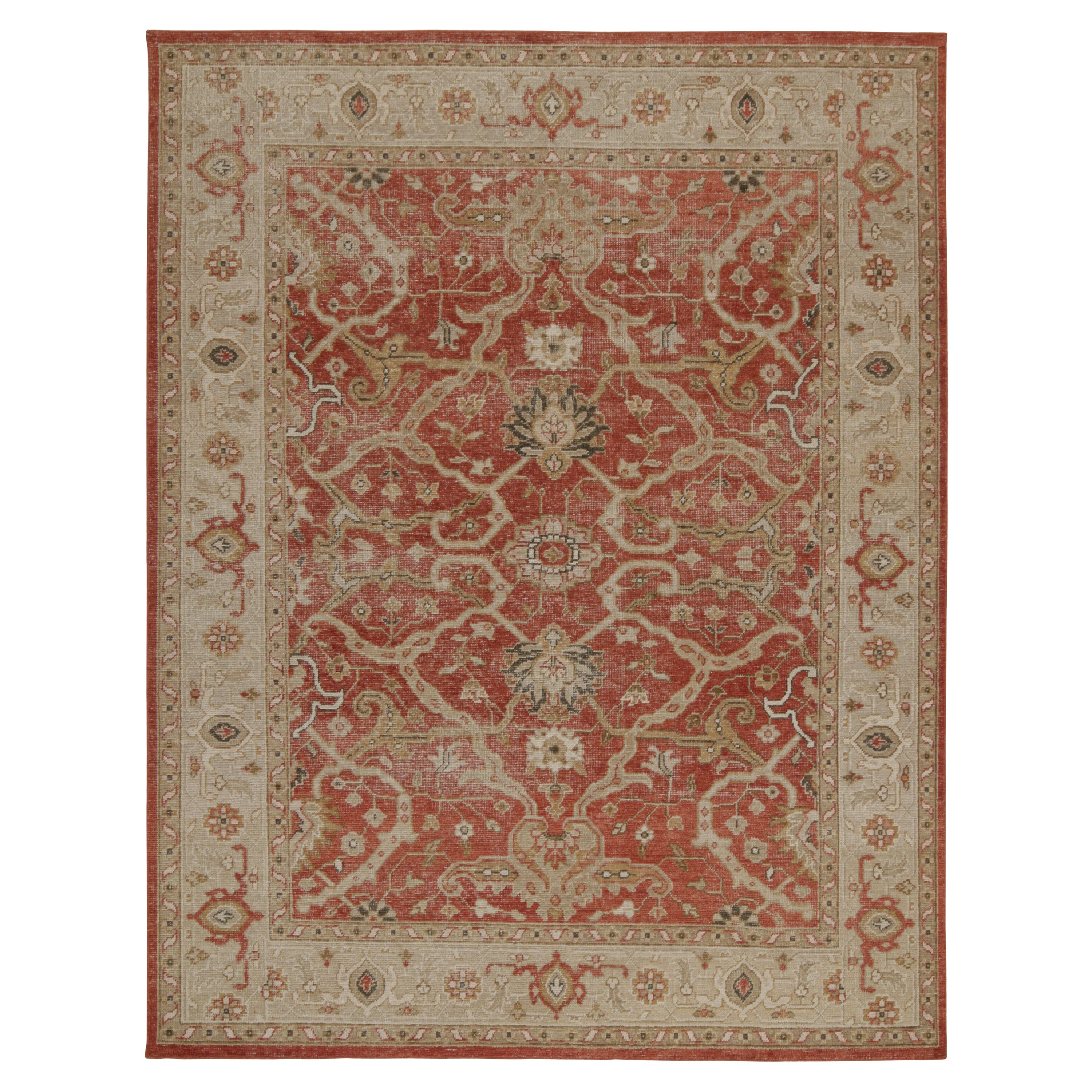 Rug & Kilim: Tappeto in stile classico invecchiato in rosso con motivi floreali beige