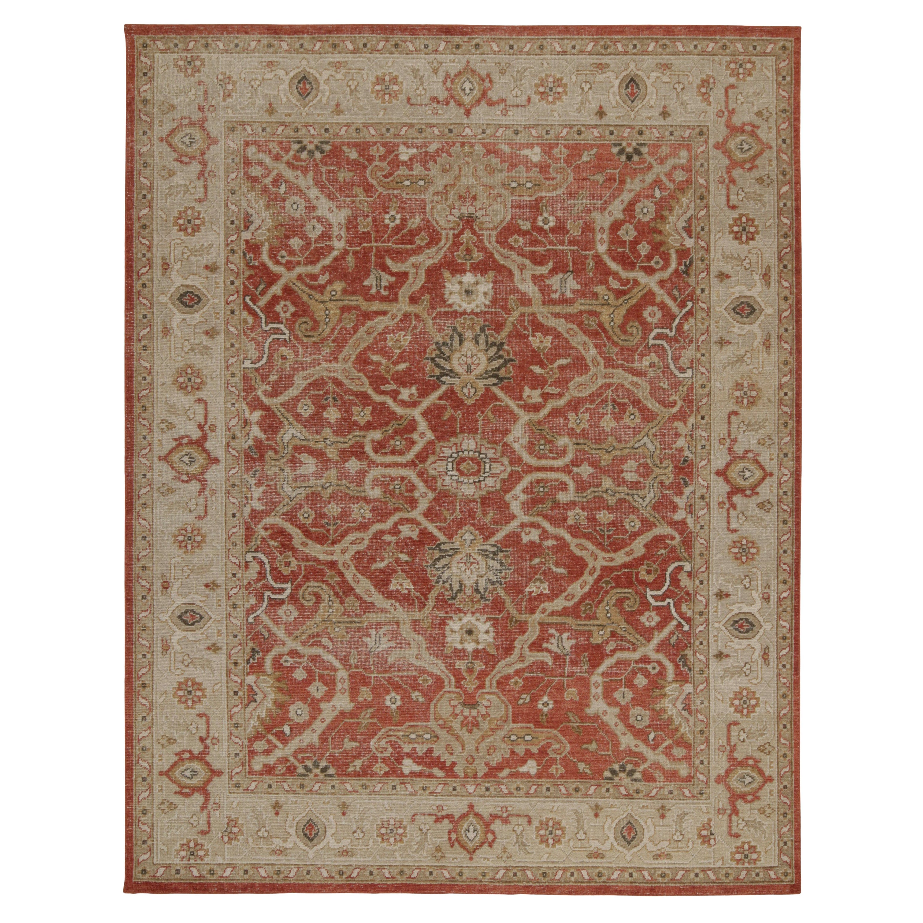 Rug & Kilim: Tappeto in stile classico invecchiato in rosso con motivi floreali beige