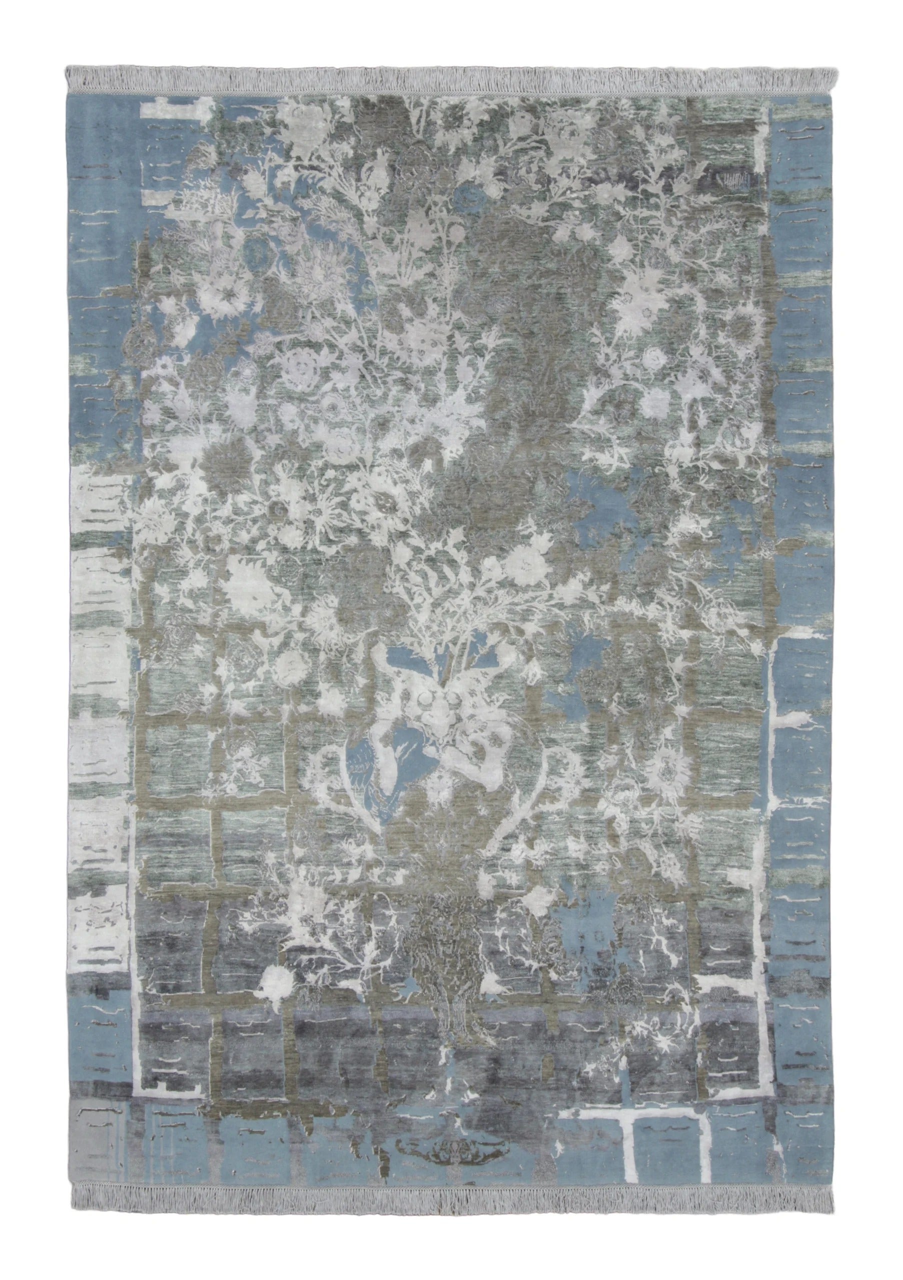 Rug & Kilim’s Distressed Contemporary Floral Rug, in Gray & Blue Hues