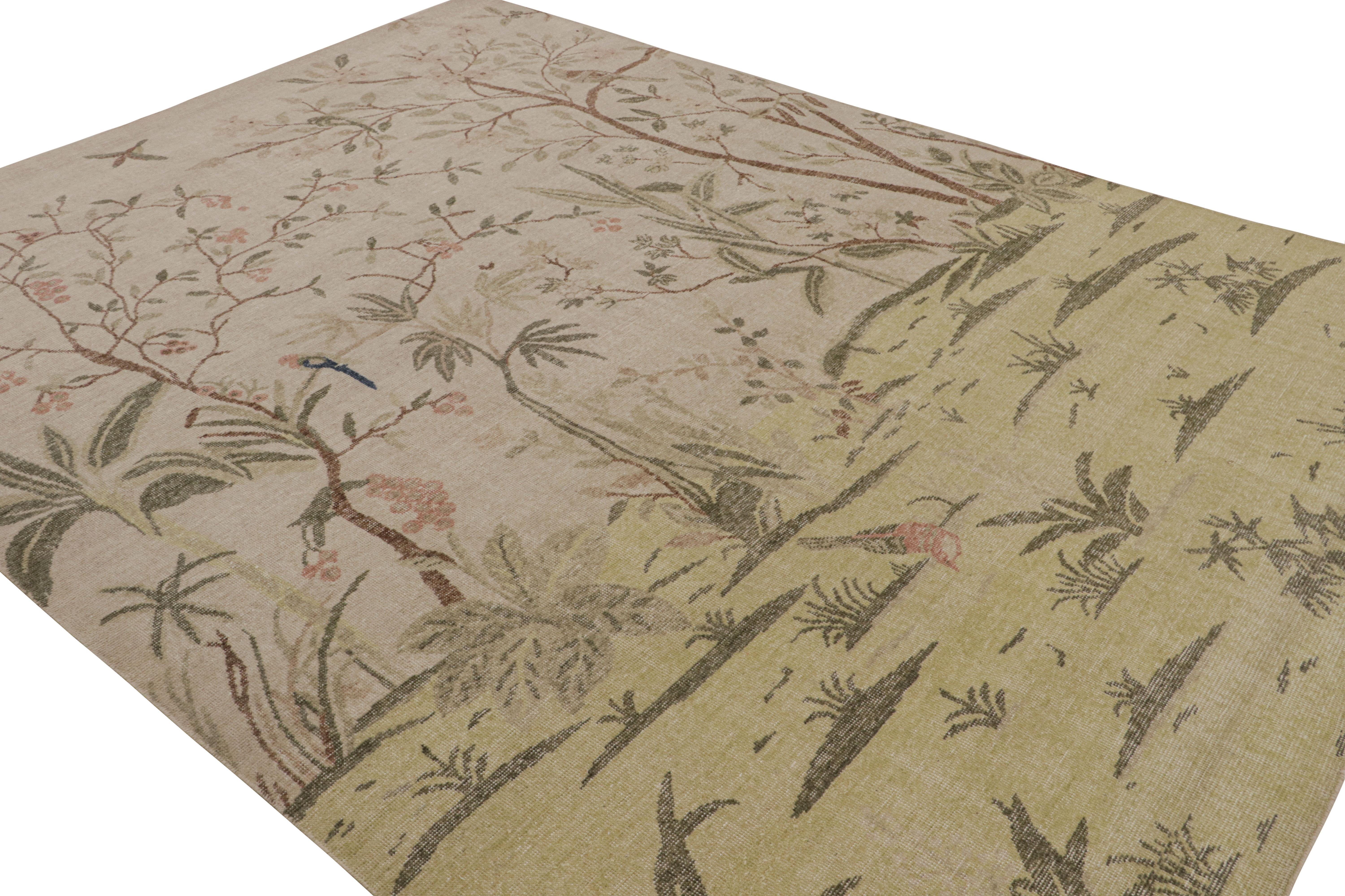 Inspiré par des motifs botaniques, ce tapis moderne 9x12 de style vieilli est issu de la collection Homage de Rug & Kilim. Noué à la main en laine

Sur le Design :

Dans cette pièce, le beige-brun et le vert soulignent les motifs picturaux et