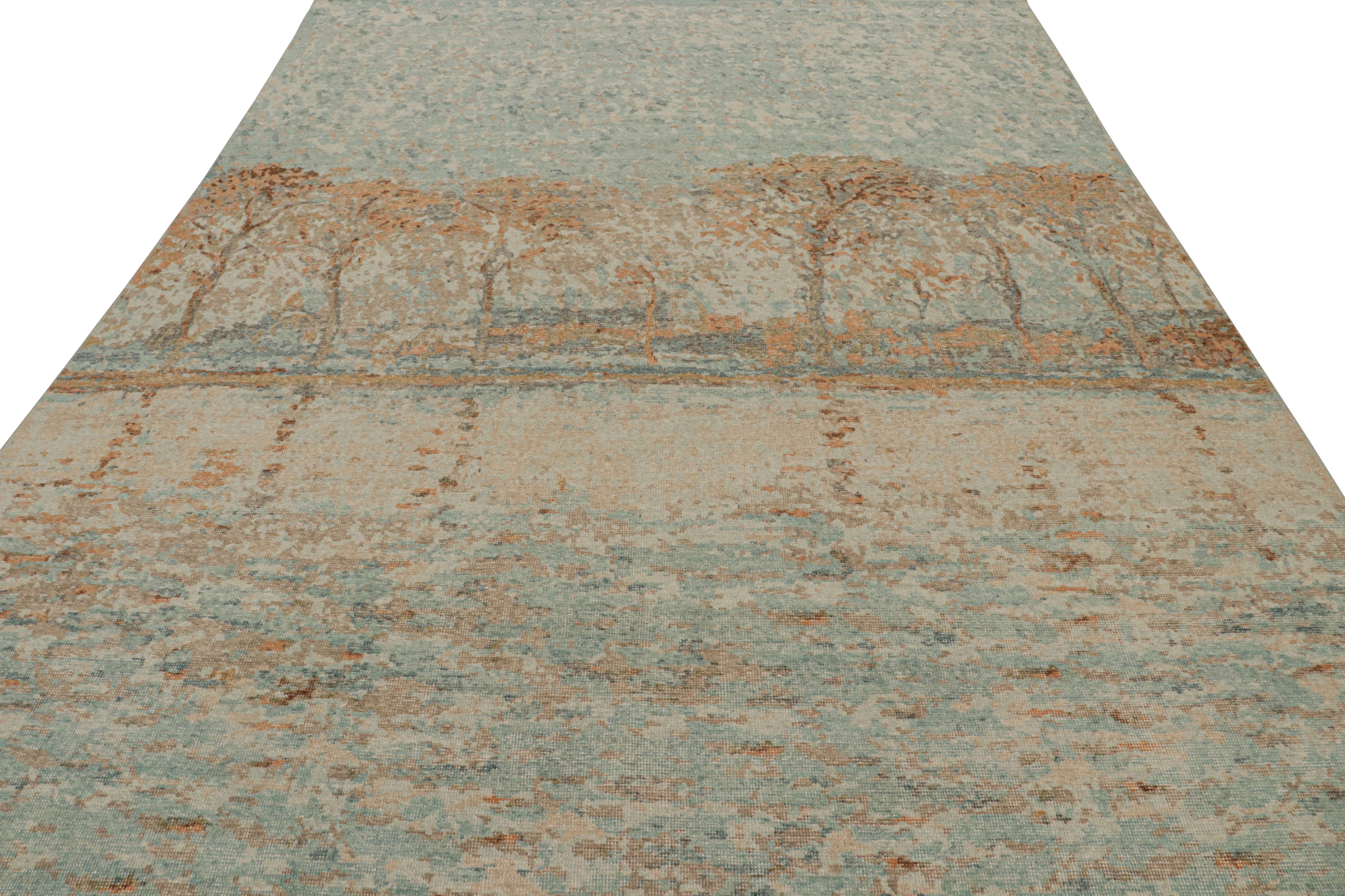Modern Rug & Kilim’s Distressed Contemporary Pictorial Rug in Blue and Amber Tones For Sale