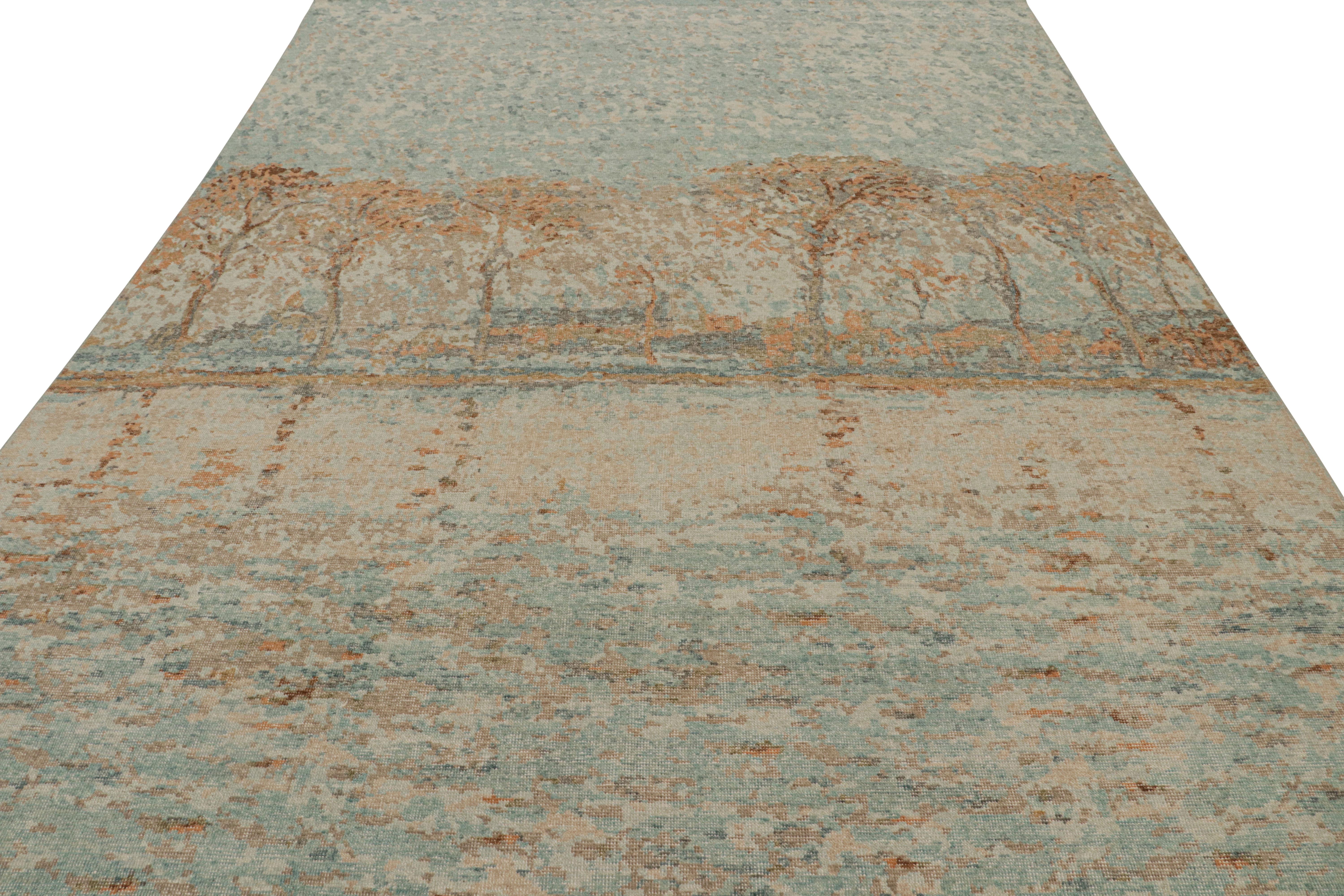 Moderne Rug & Kilim's Distressed Contemporary Pictorial Rug in Blue and Amber Tones (Tapis pictural contemporain vieilli dans des tons bleus et ambrés) en vente