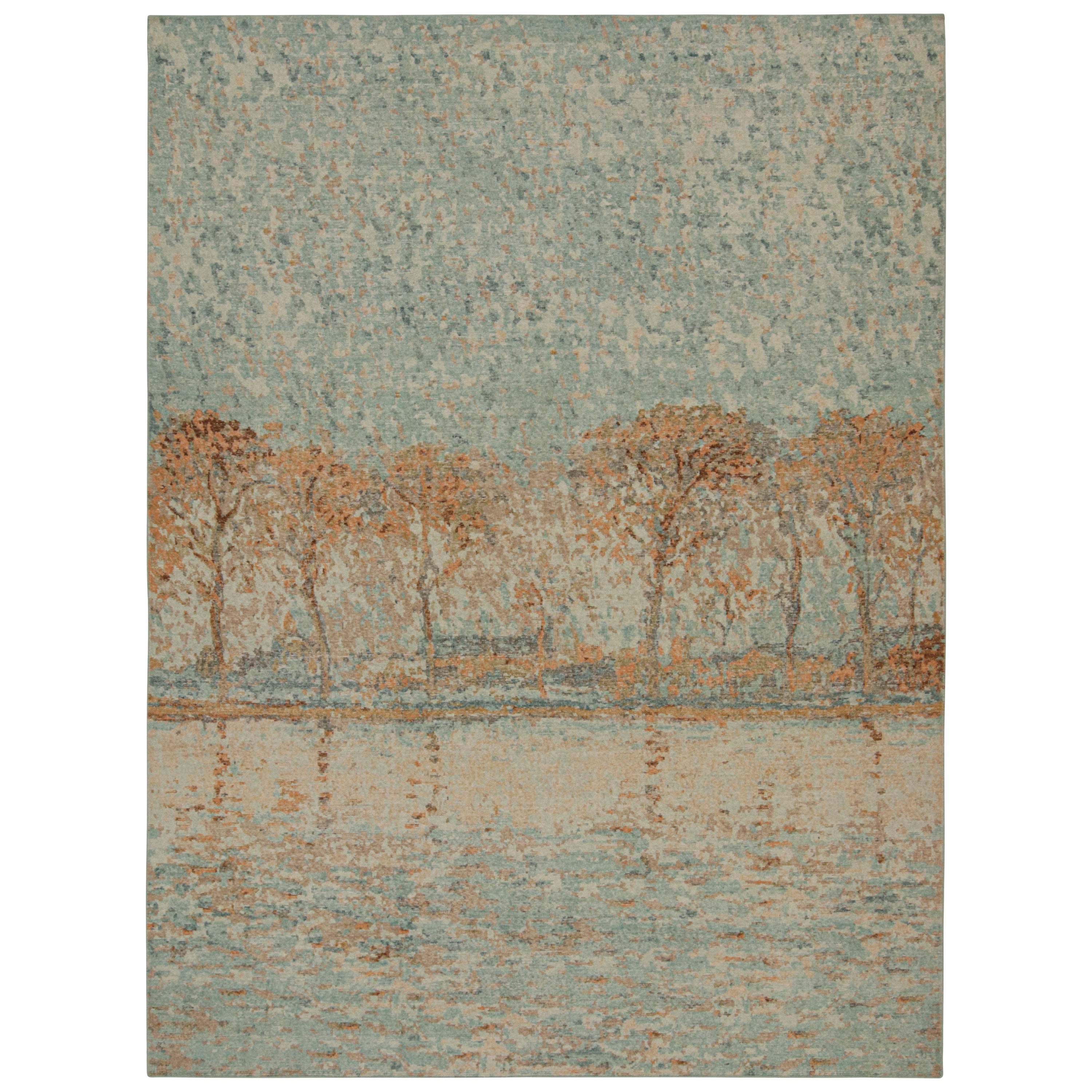 Alfombra pictórica contemporánea desgastada en tonos azules y ámbar de Rug 
Kilim