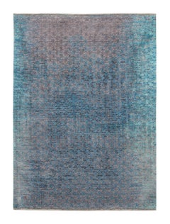 Rug & Kilim’s Distressed Contemporary Rug with Greek Key Lattice in Blue Hues