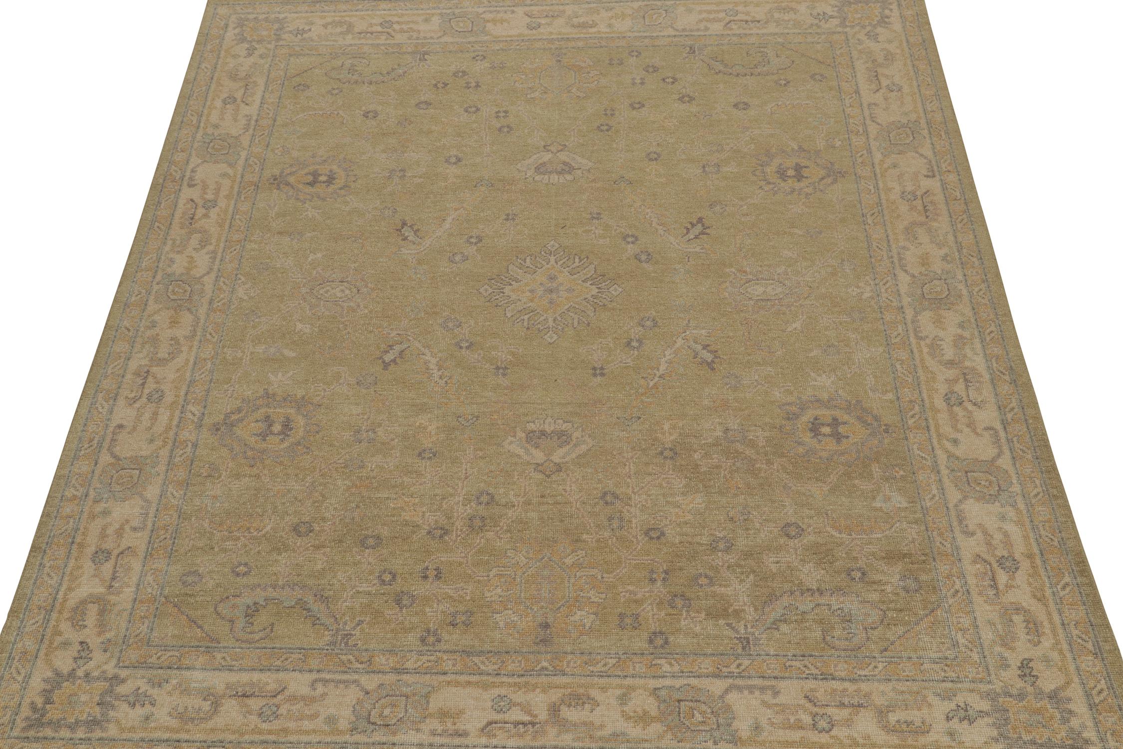 Indian Rug & Kilim’s Distressed Custom Rug Design in Green with Beige and Blue Pattern For Sale