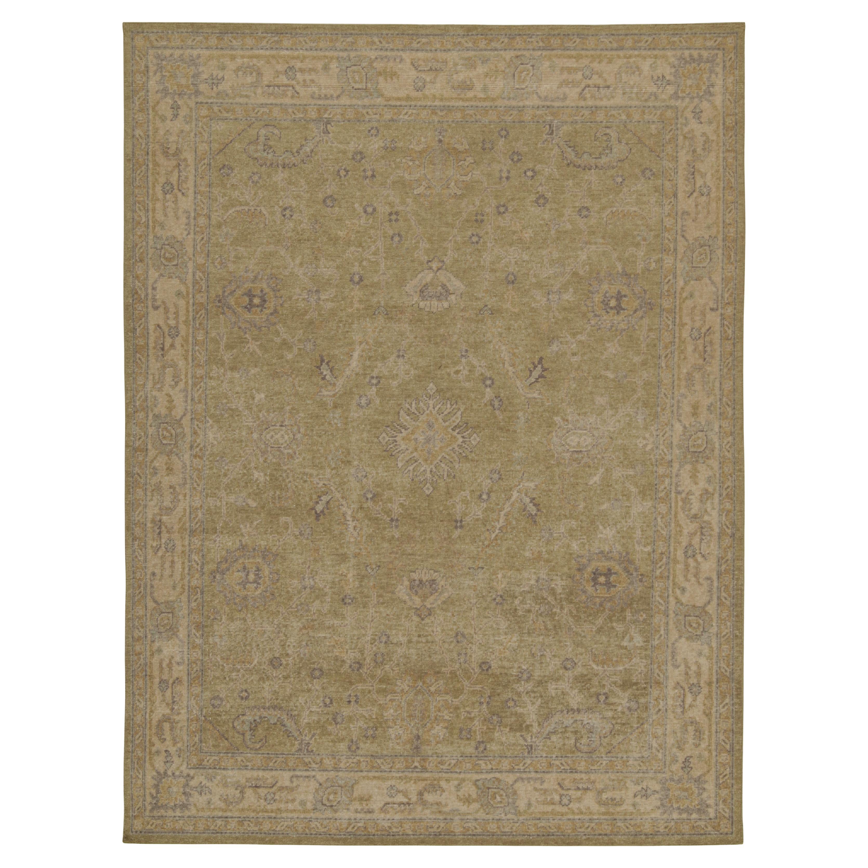 Rug & Kilim’s Distressed Custom Rug Design in Green with Beige and Blue Pattern For Sale