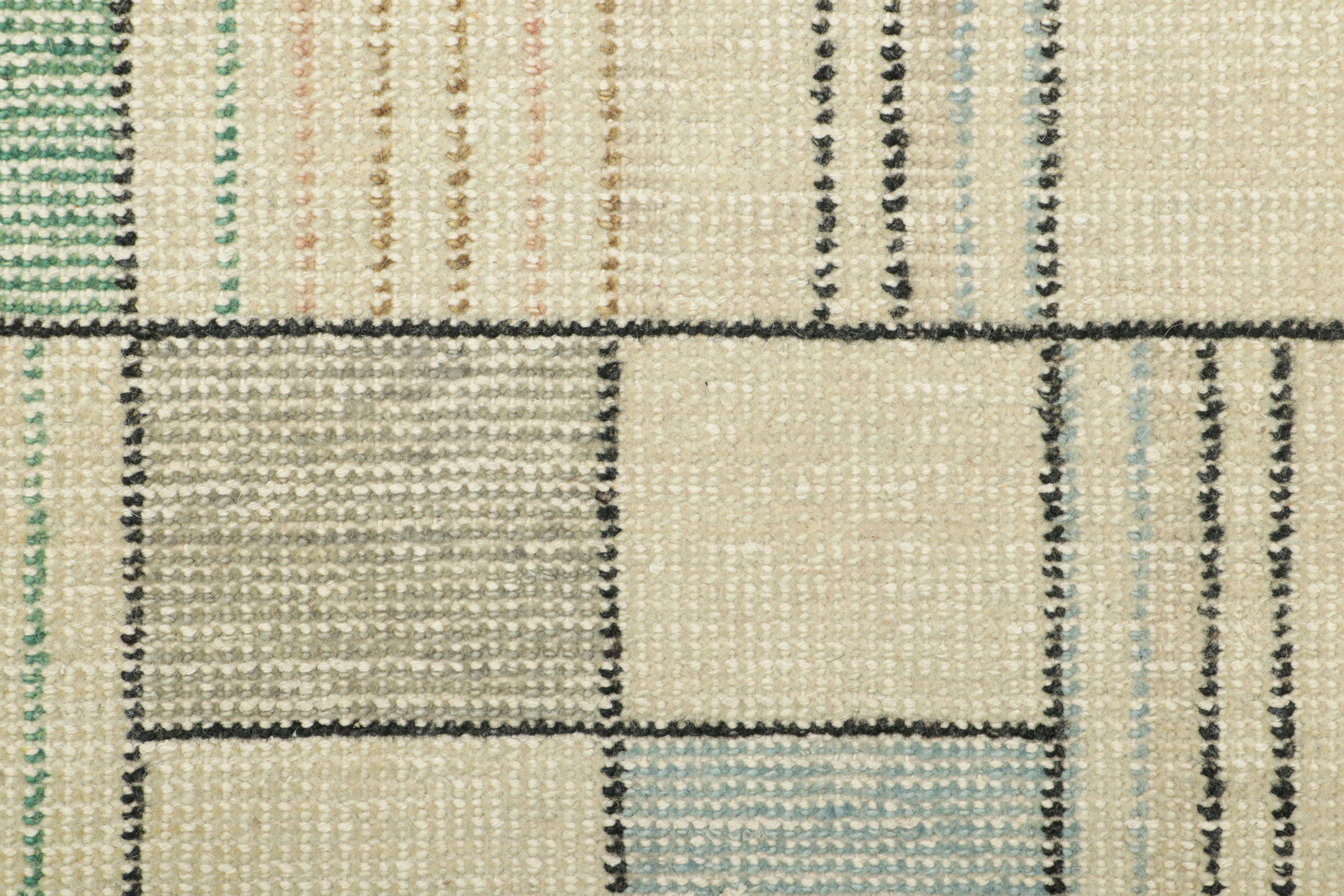 Indian Rug & Kilim’s Distressed Custom Rug Sample in Beige with Geometric Patterns For Sale