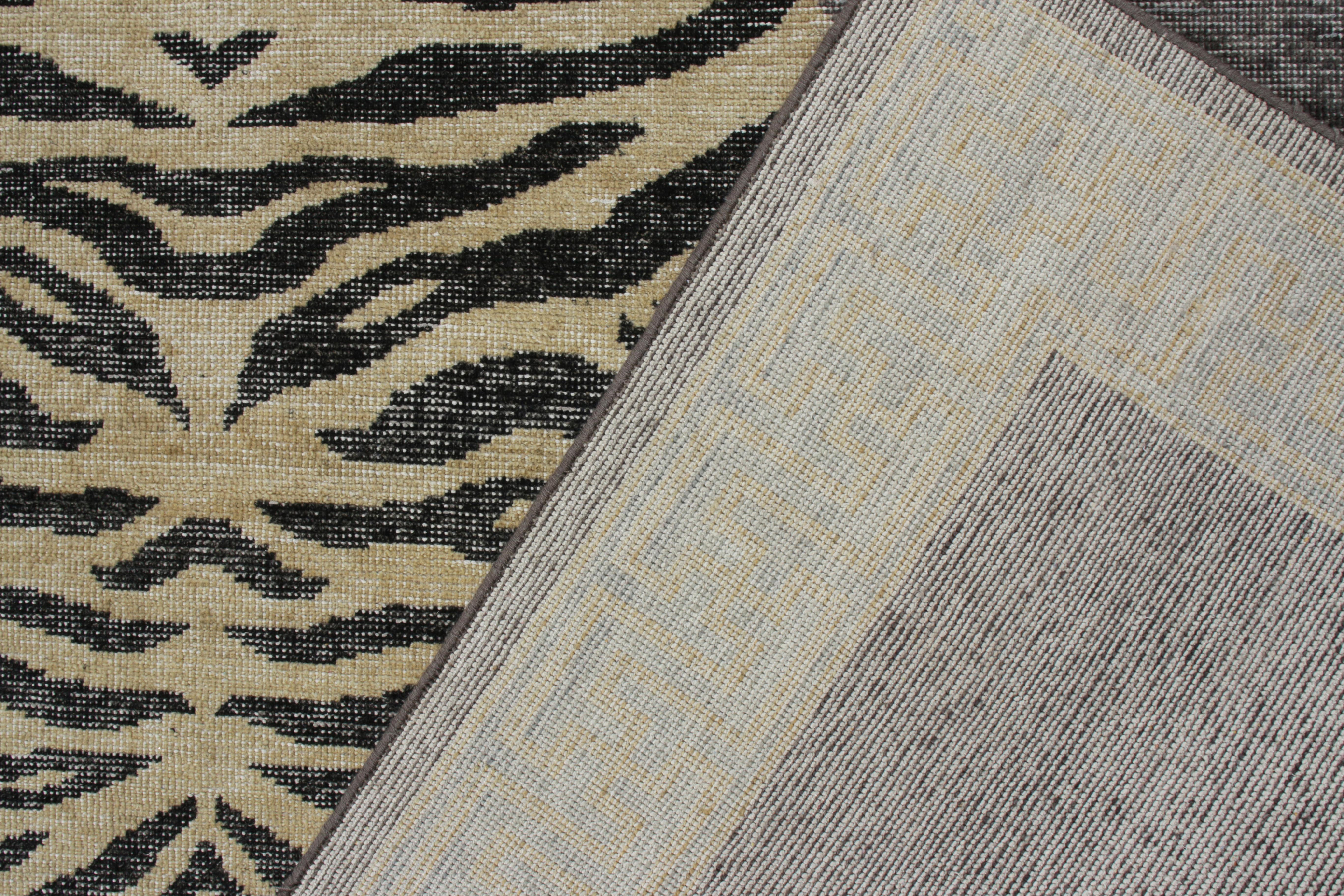 Hand-Knotted Rug & Kilim’s Distressed Custom Tiger Rug in Gray, Beige Black Pictorial Pattern For Sale