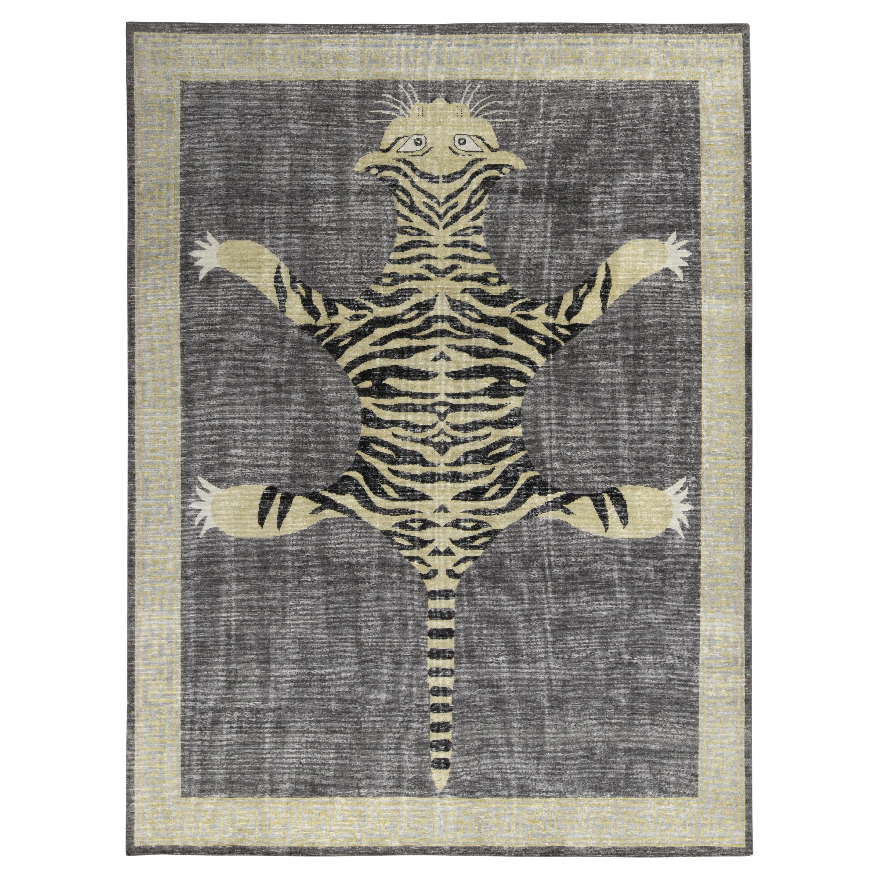 Teppich & Kilims Distressed Custom Tiger Teppich in Grau, Beige und Schwarz mit Bildmuster