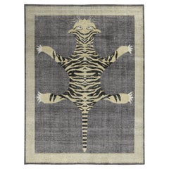 Rug & Kilim’s Distressed Custom Tiger Rug in Gray, Beige Black Pictorial Pattern