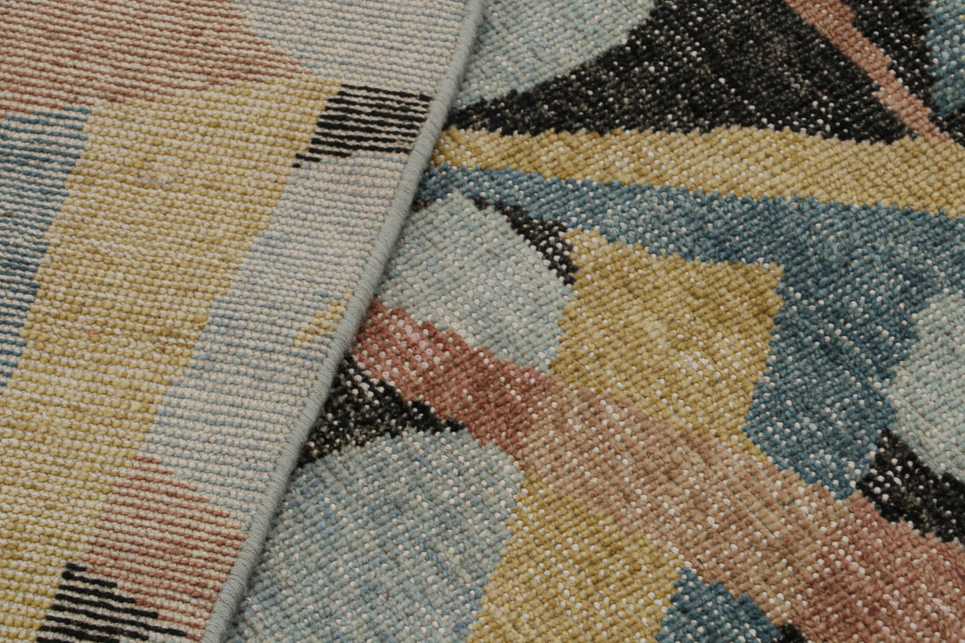 Contemporary Rug & Kilim’s Distressed Deco Rug In Blue & Beige-Brown Geometric Patterns For Sale
