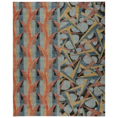 Rug & Kilim’s Distressed Deco Rug In Blue & Beige-Brown Geometric Patterns