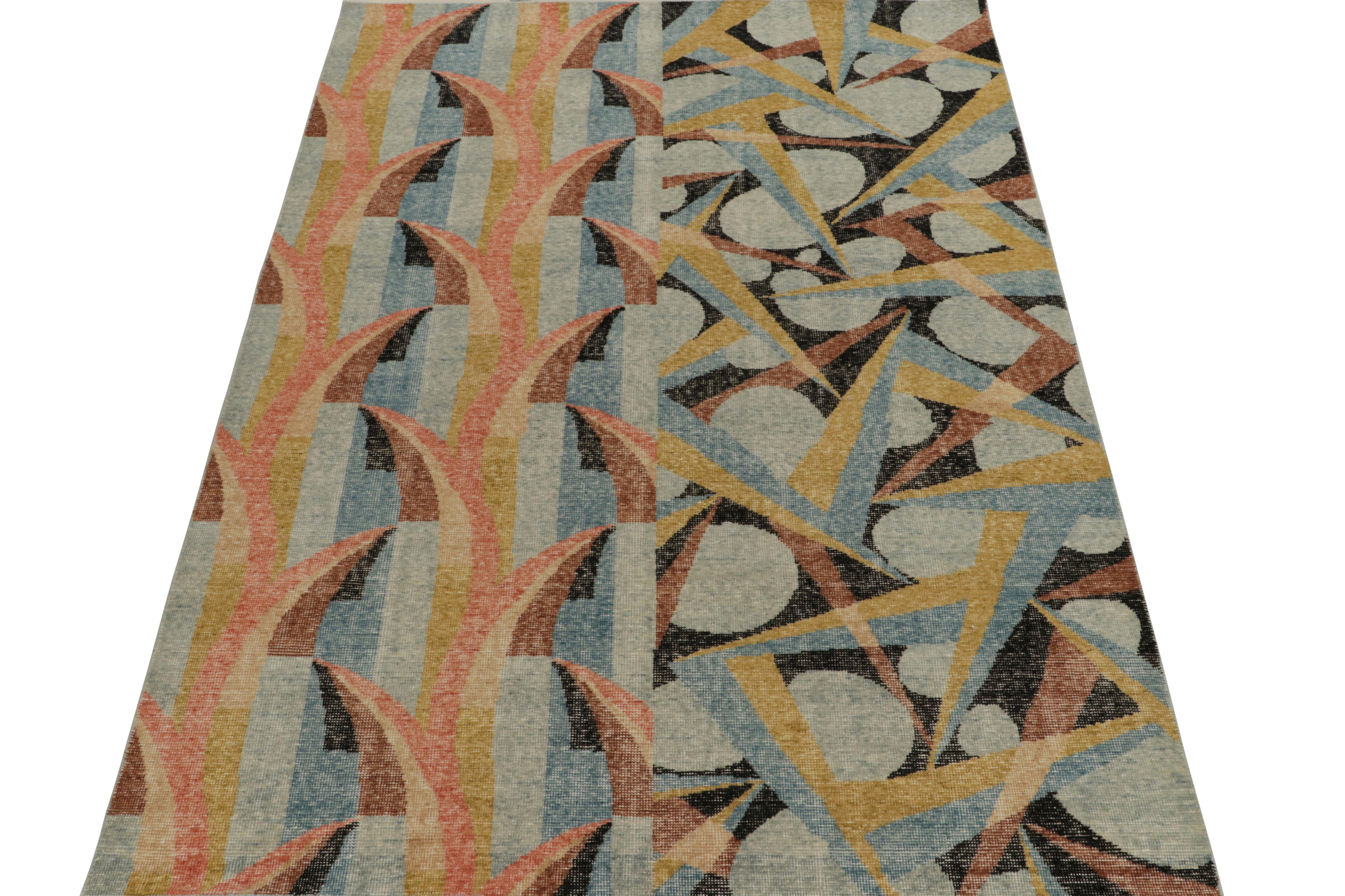 Art Deco Rug & Kilim’s Distressed Deco Style Rug in Blue & Beige-Brown Geometric Patterns For Sale