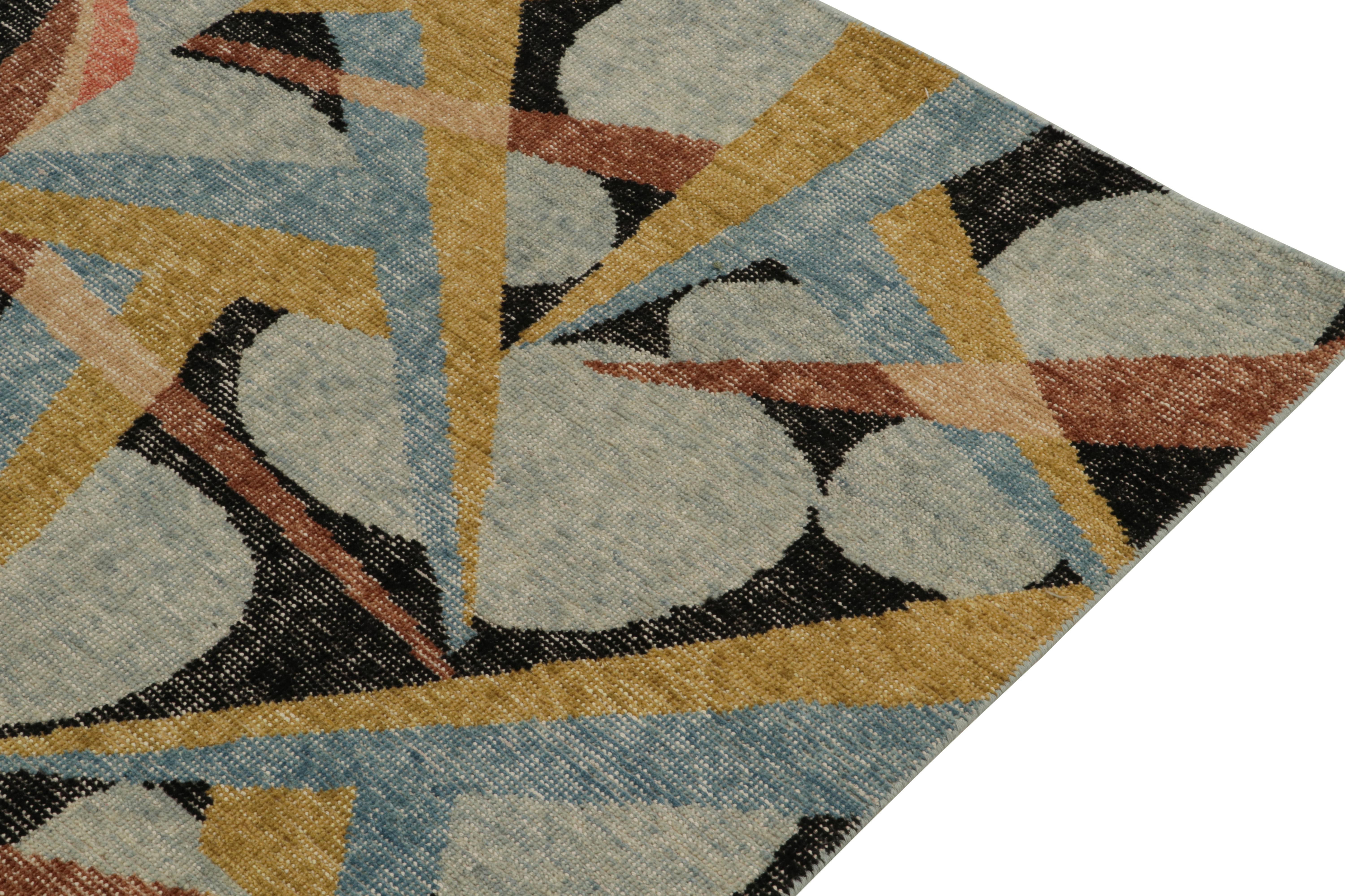 Hand-Knotted Rug & Kilim’s Distressed Deco Style Rug in Blue & Beige-Brown Geometric Patterns For Sale