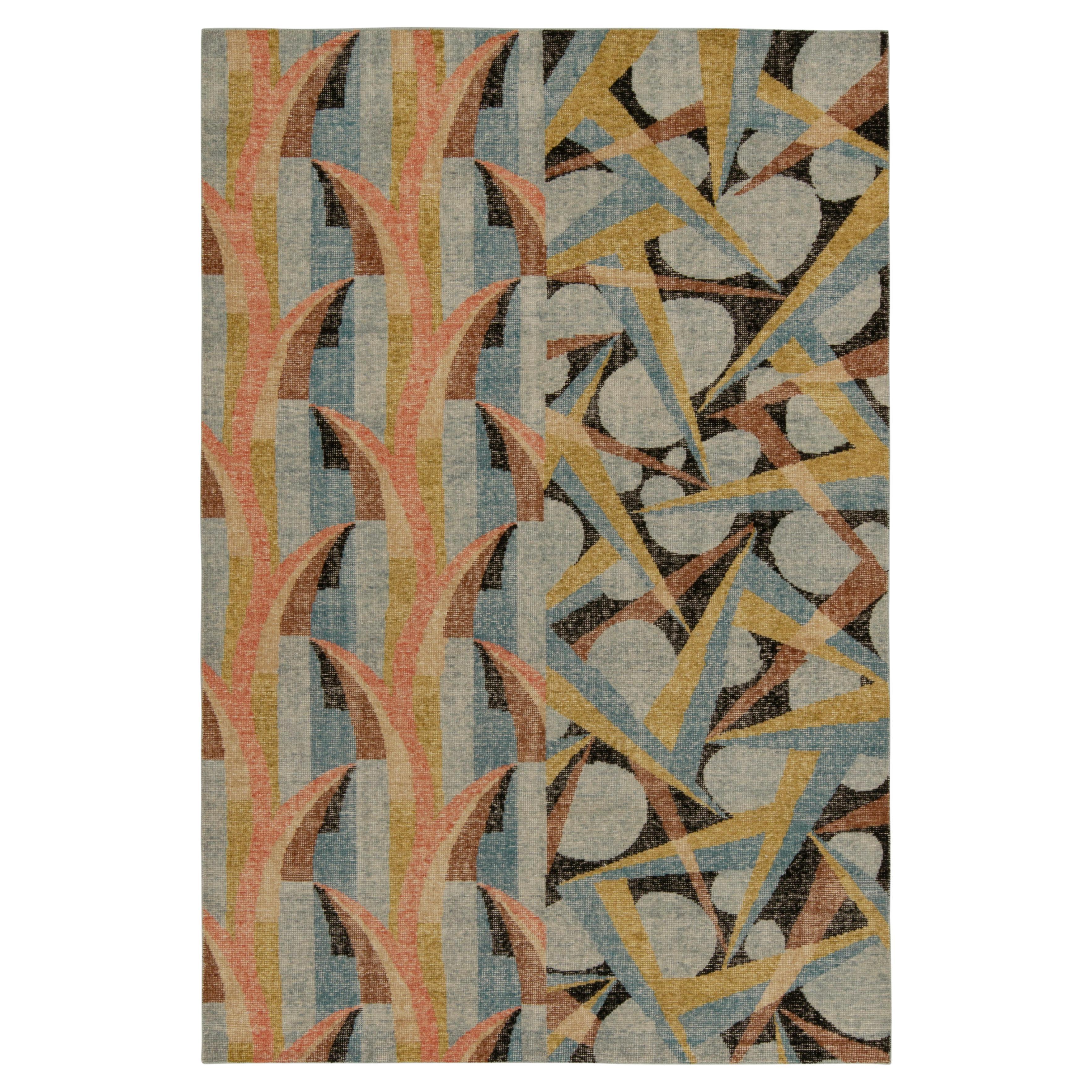 Rug & Kilim’s Distressed Deco Style Rug in Blue & Beige-Brown Geometric Patterns For Sale