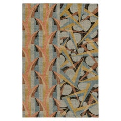 Rug & Kilim’s Distressed Deco Style Rug in Blue & Beige-Brown Geometric Patterns