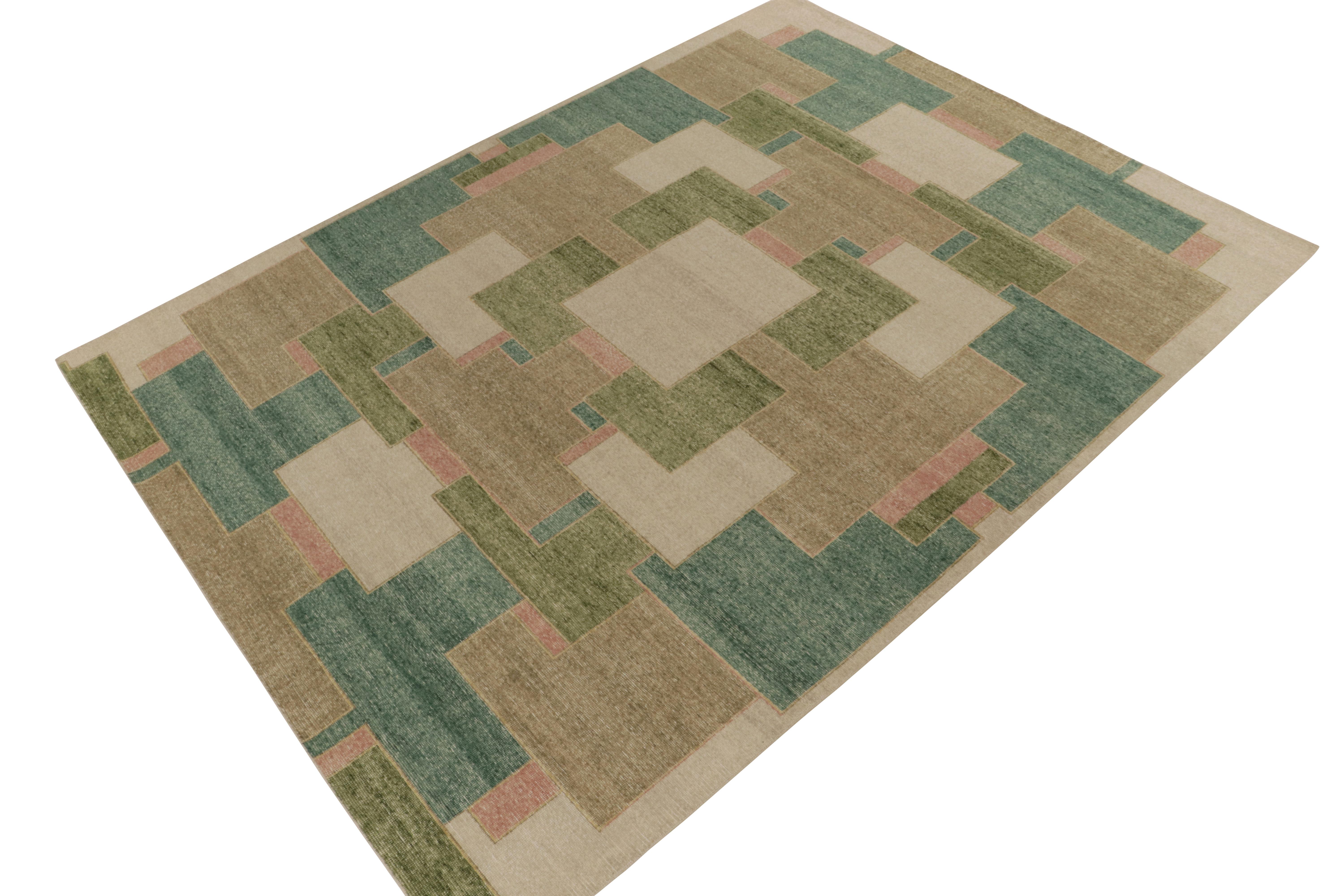 A scintillating 9x12 hand-knotted wool rug from Rug & Kilim’s Homage Collection. 

On the Design: This Rustic Modern design is inspired by cubist art deco sensibilities in tones of green, beige-brown & salmon pink, brilliantly capturing shabby