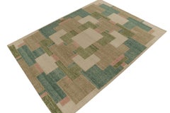 Alfombra Rug & Kilim de estilo Deco desgastada en verde y motivos geométricos beige-marrón
