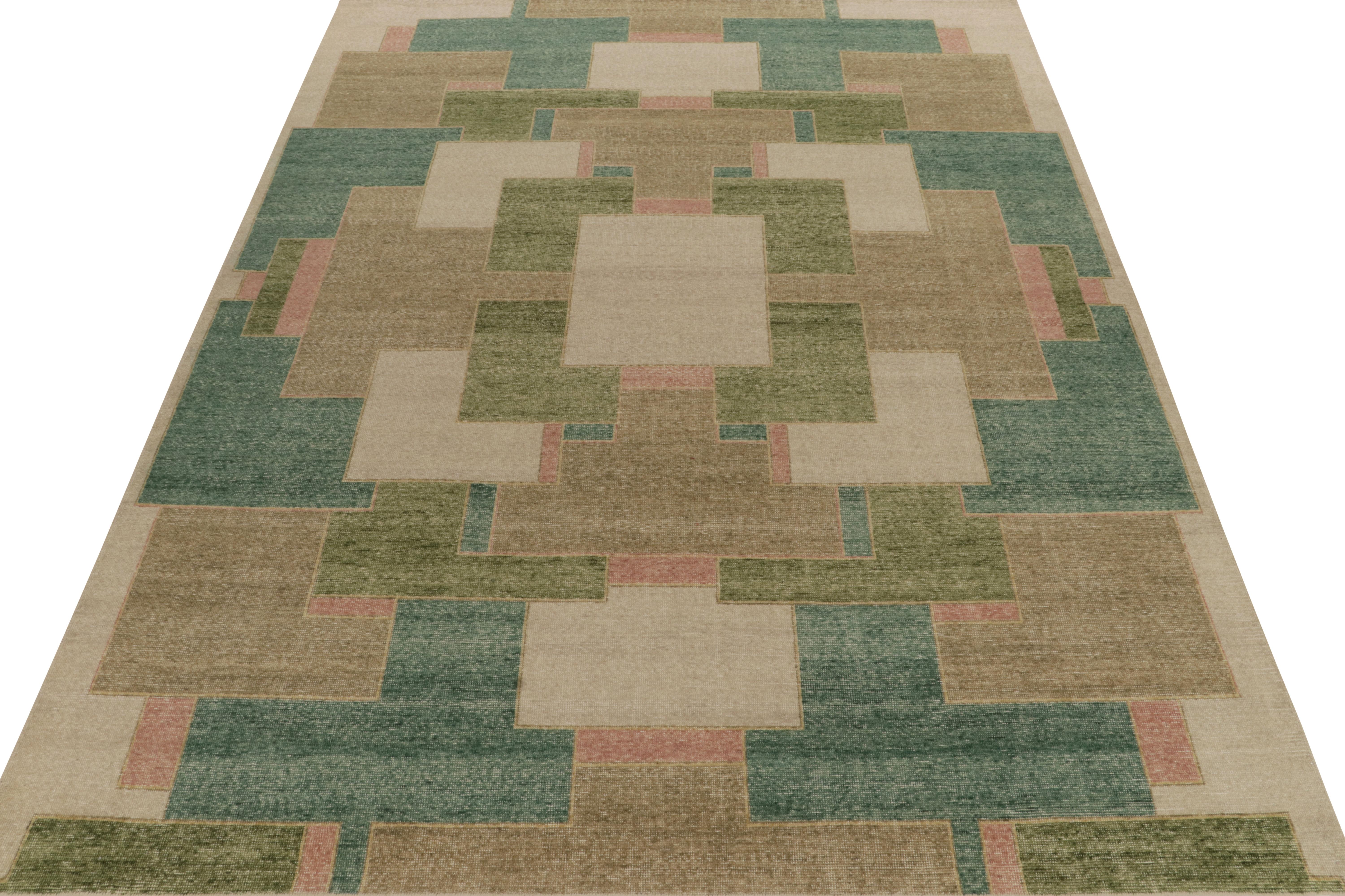 Art Deco Rug & Kilim’s Distressed Deco Style Rug in Green, Beige-Brown Geometric Patterns For Sale