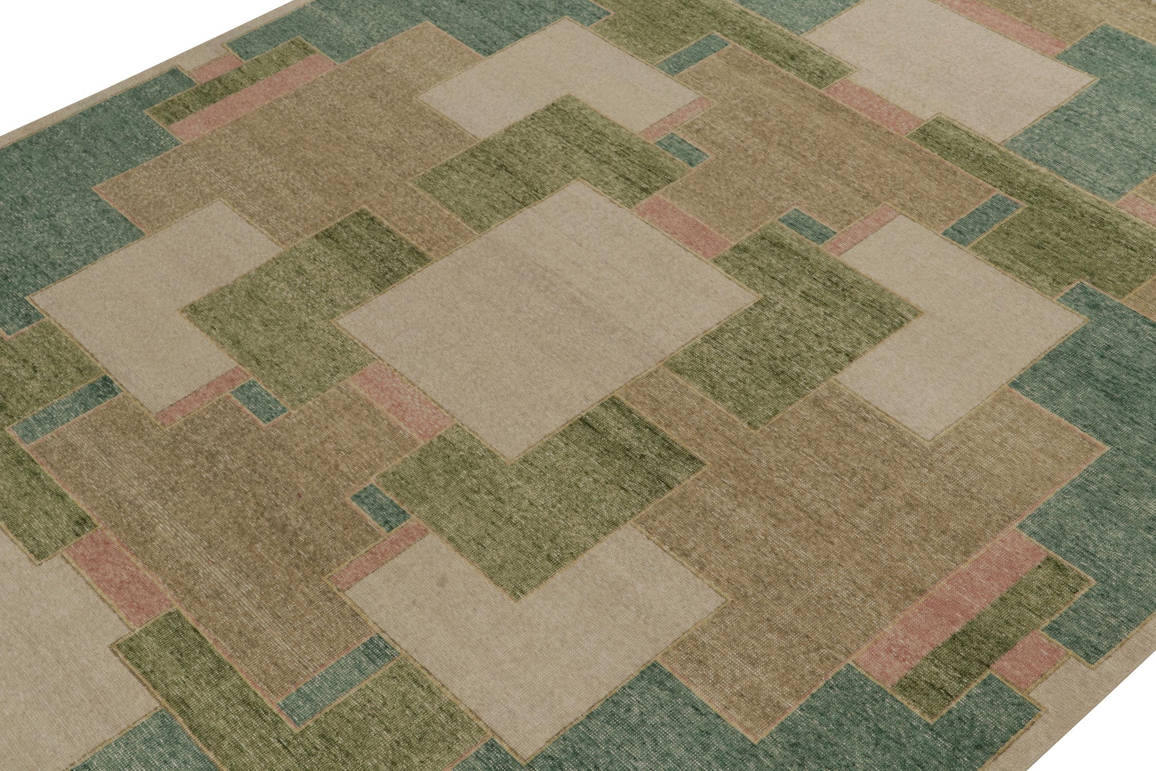 Indian Rug & Kilim’s Distressed Deco Style Rug in Green, Beige-Brown Geometric Patterns For Sale