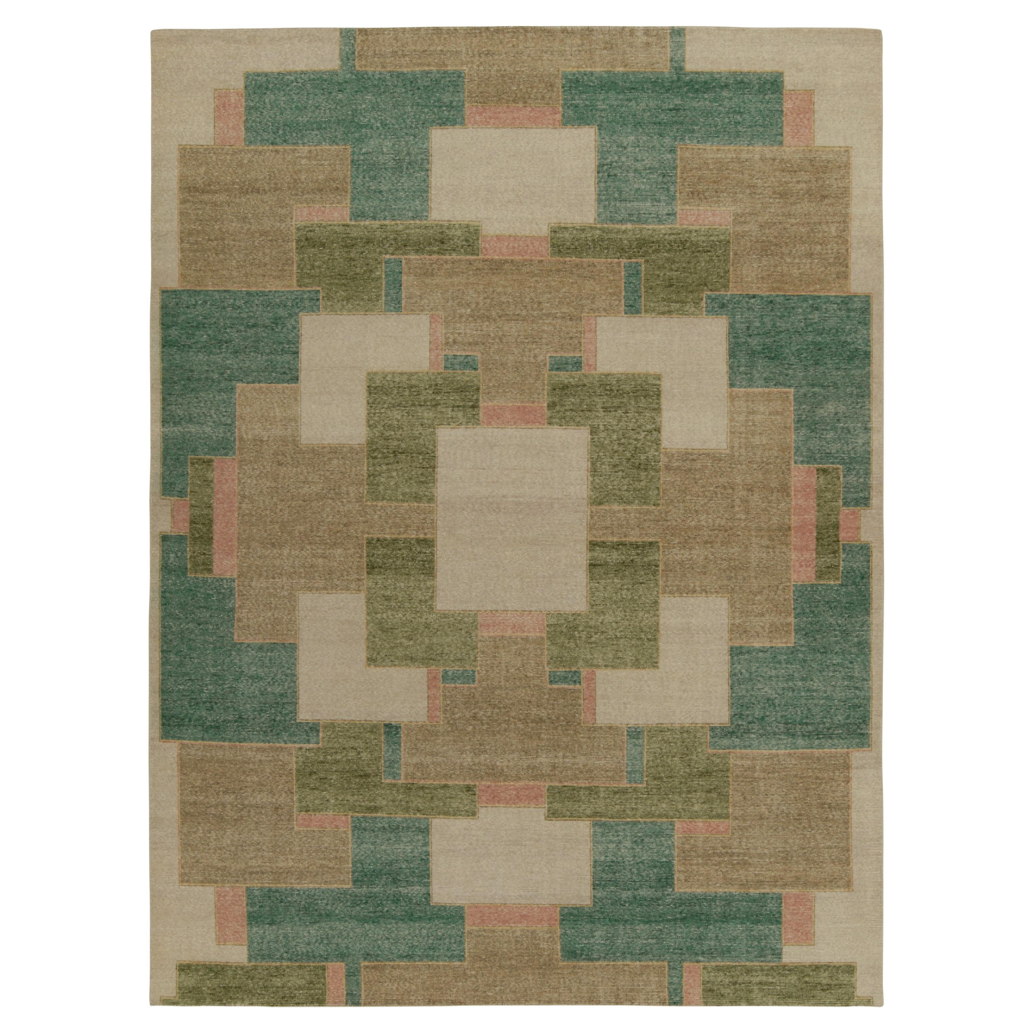 Rug & Kilim’s Distressed Deco Style Rug in Green, Beige-Brown Geometric Patterns