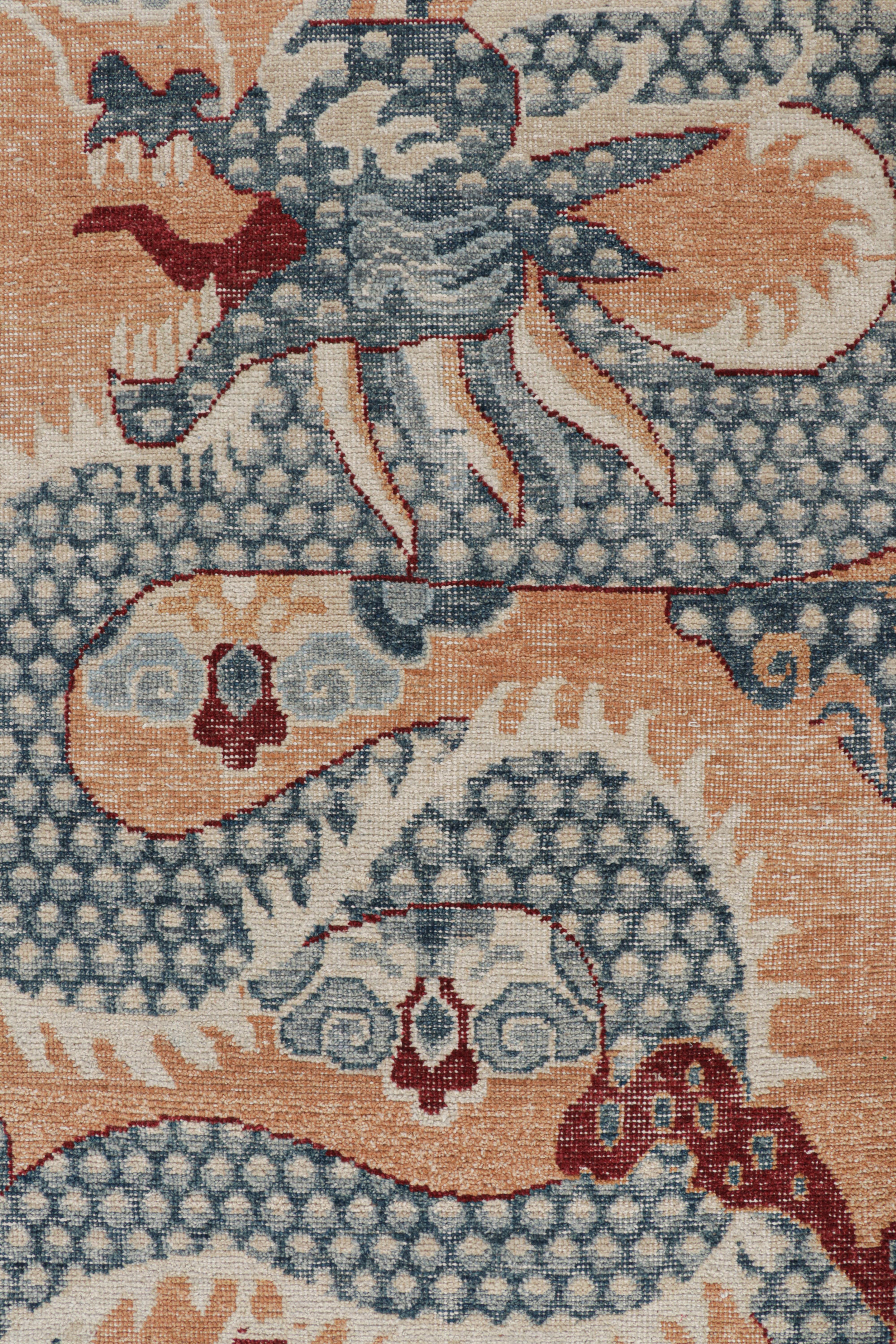 Modern Rug & Kilim’s Distressed Dragon Rug in Blue, Gold and Red Pictorial Patterns For Sale