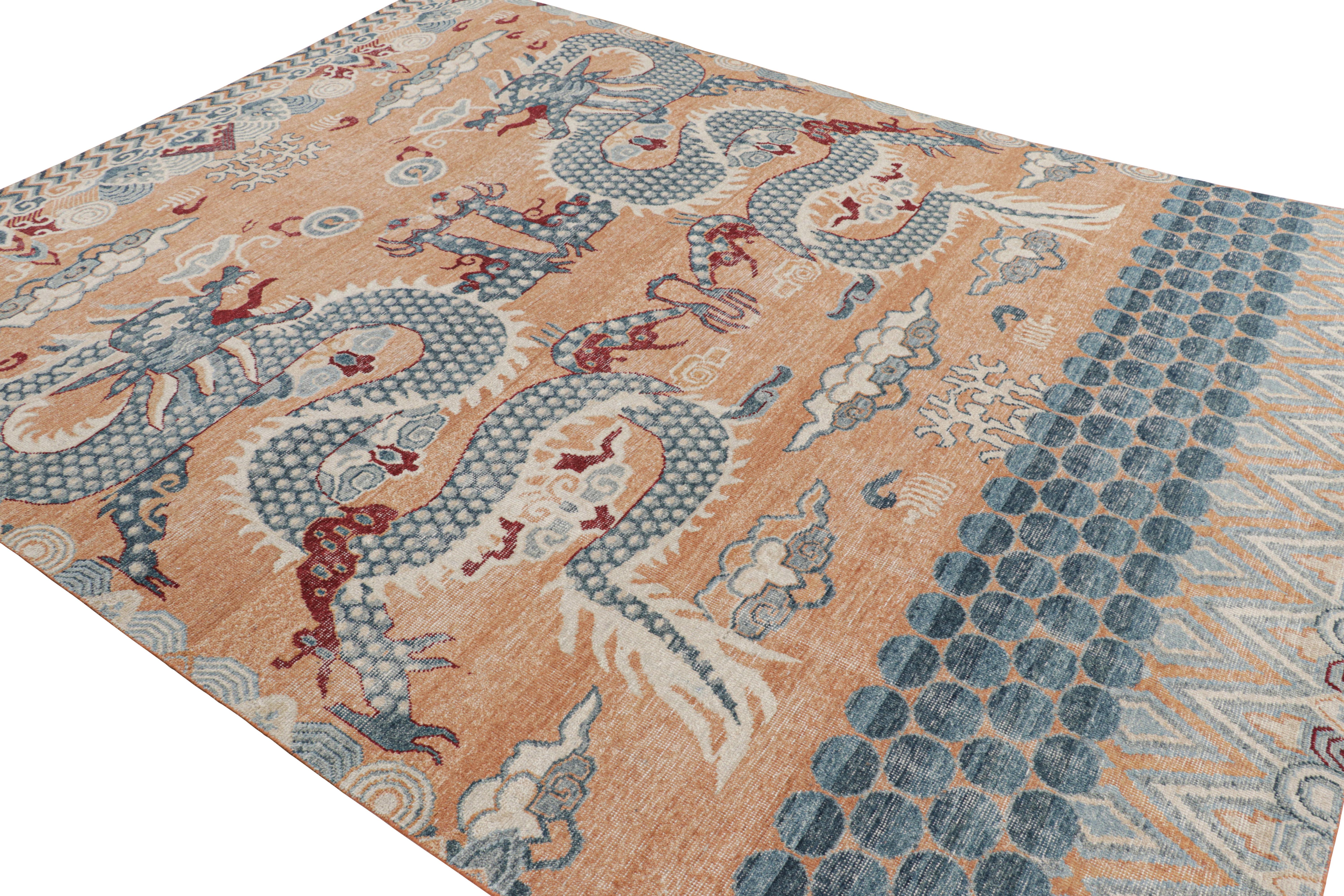 Indian Rug & Kilim’s Distressed Dragon Rug in Blue, Gold and Red Pictorial Patterns For Sale