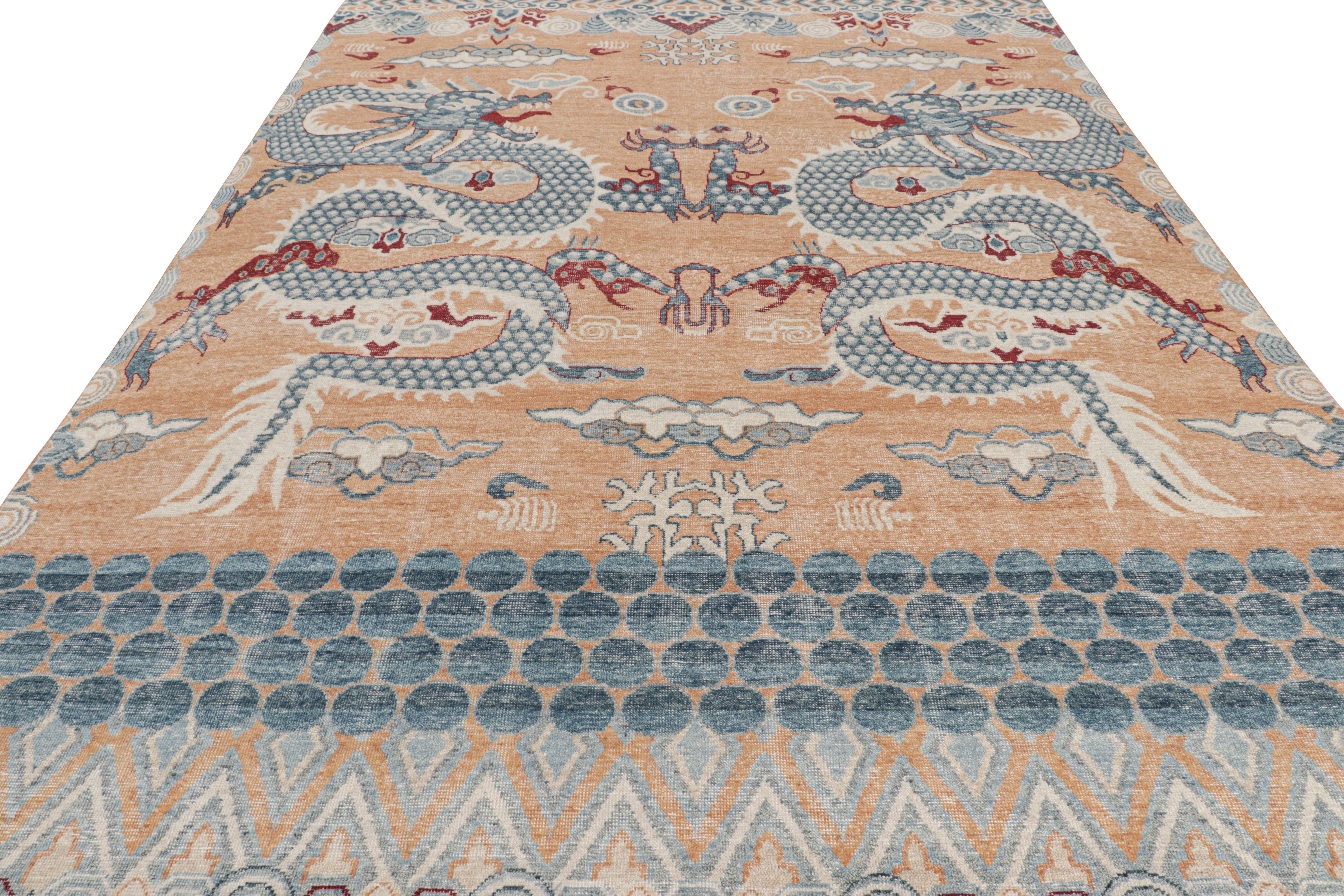 Hand-Knotted Rug & Kilim’s Distressed Dragon Rug in Blue, Gold and Red Pictorial Patterns For Sale