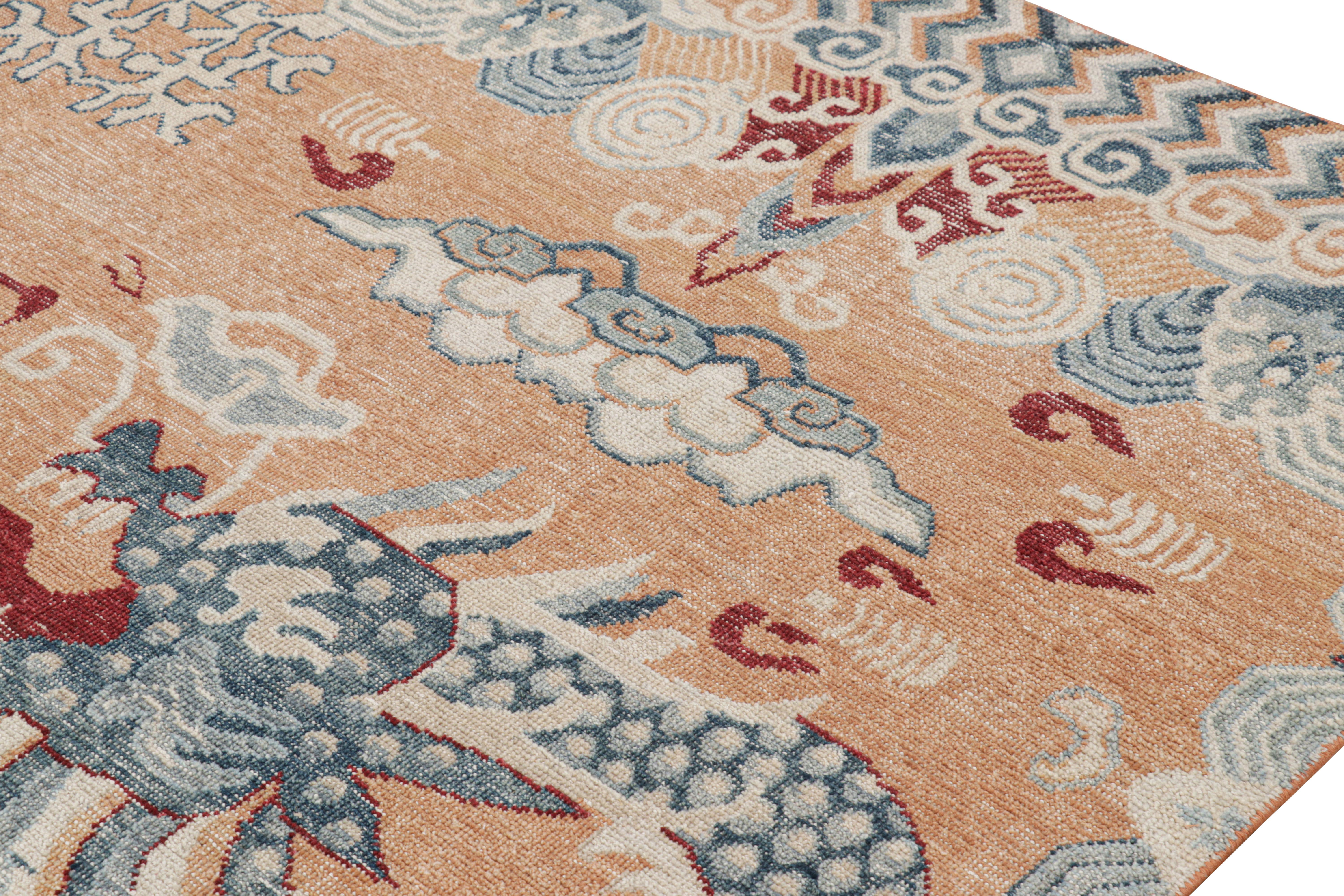 Rug & Kilim’s Distressed Dragon Rug in Blue, Gold and Red Pictorial Patterns In New Condition For Sale In Long Island City, NY