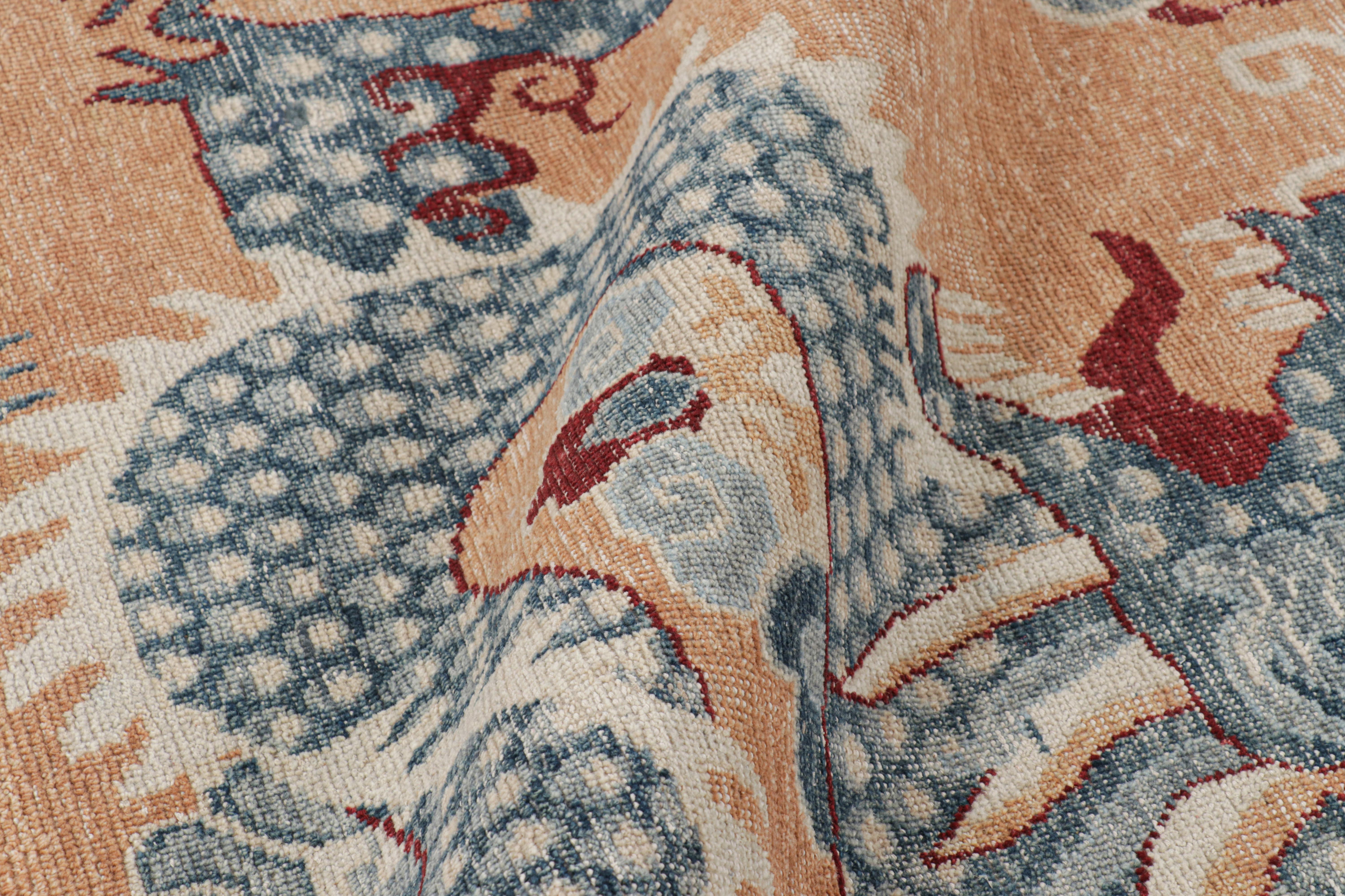 Contemporary Rug & Kilim’s Distressed Dragon Rug in Blue, Gold and Red Pictorial Patterns For Sale