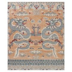 Rug & Kilim’s Distressed Dragon Rug in Blue, Gold and Red Pictorial Patterns