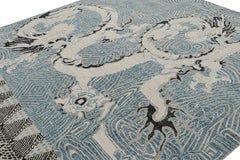 Rug & Kilim’s Distressed Dragon Rug in Blue, Gray and Black Pictorial Patterns