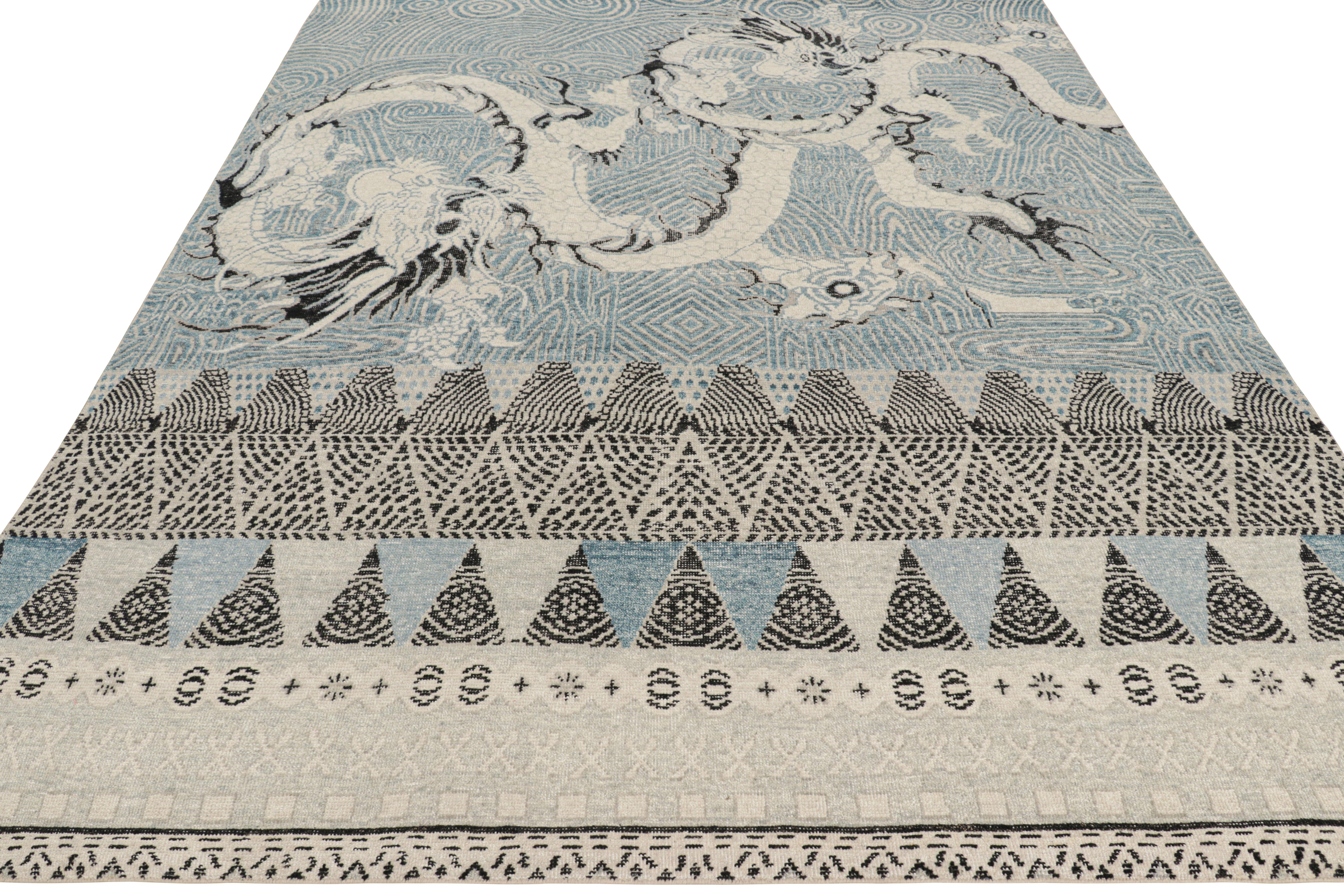 Rug & Kilim's Distressed Dragon Teppich in Blau, Grau und Schwarz mit Bildmustern (Handgeknüpft) im Angebot