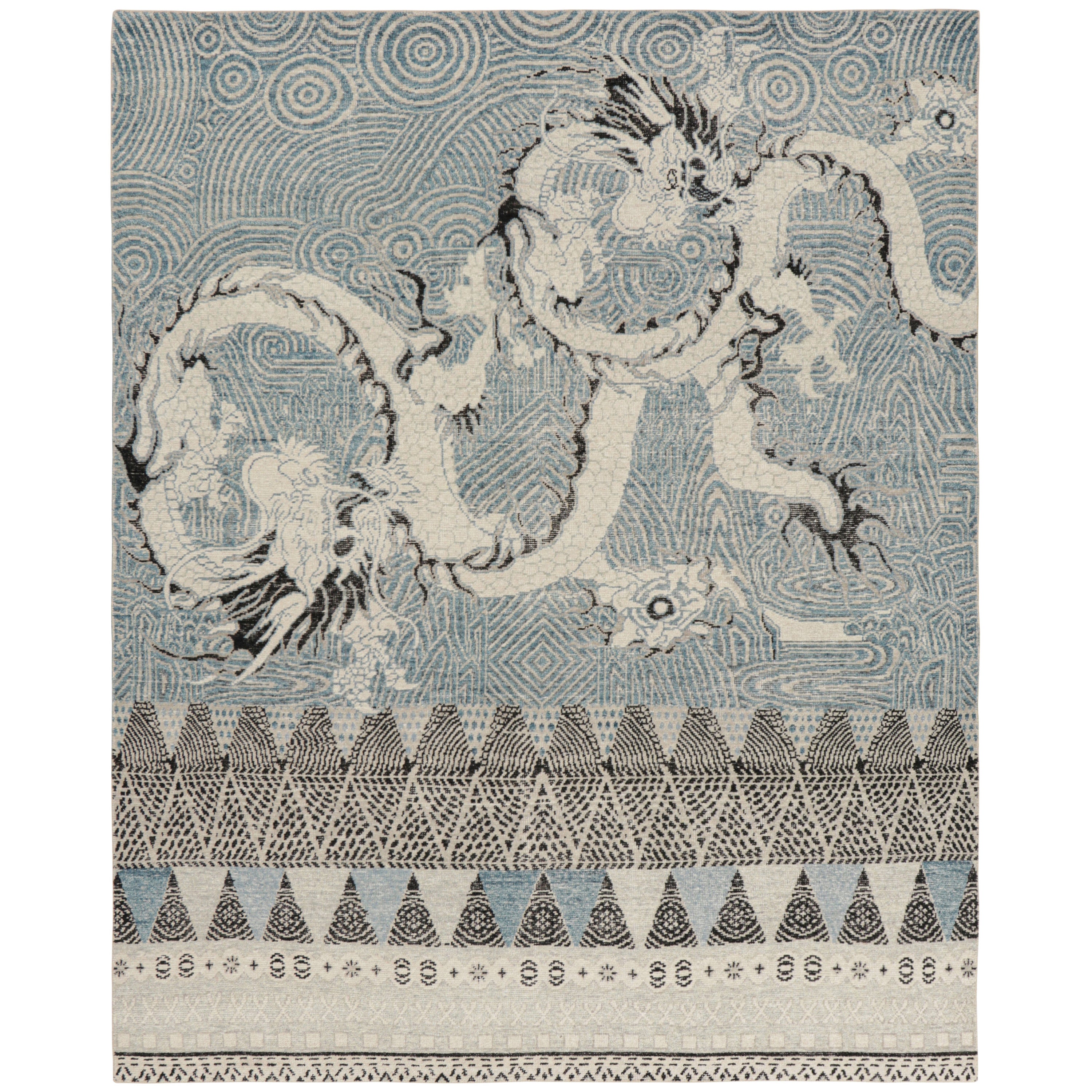 Rug 
Kilim’s Distressed Dragon Rug in Blue, Gray and Black Pictorial Patterns For Sale