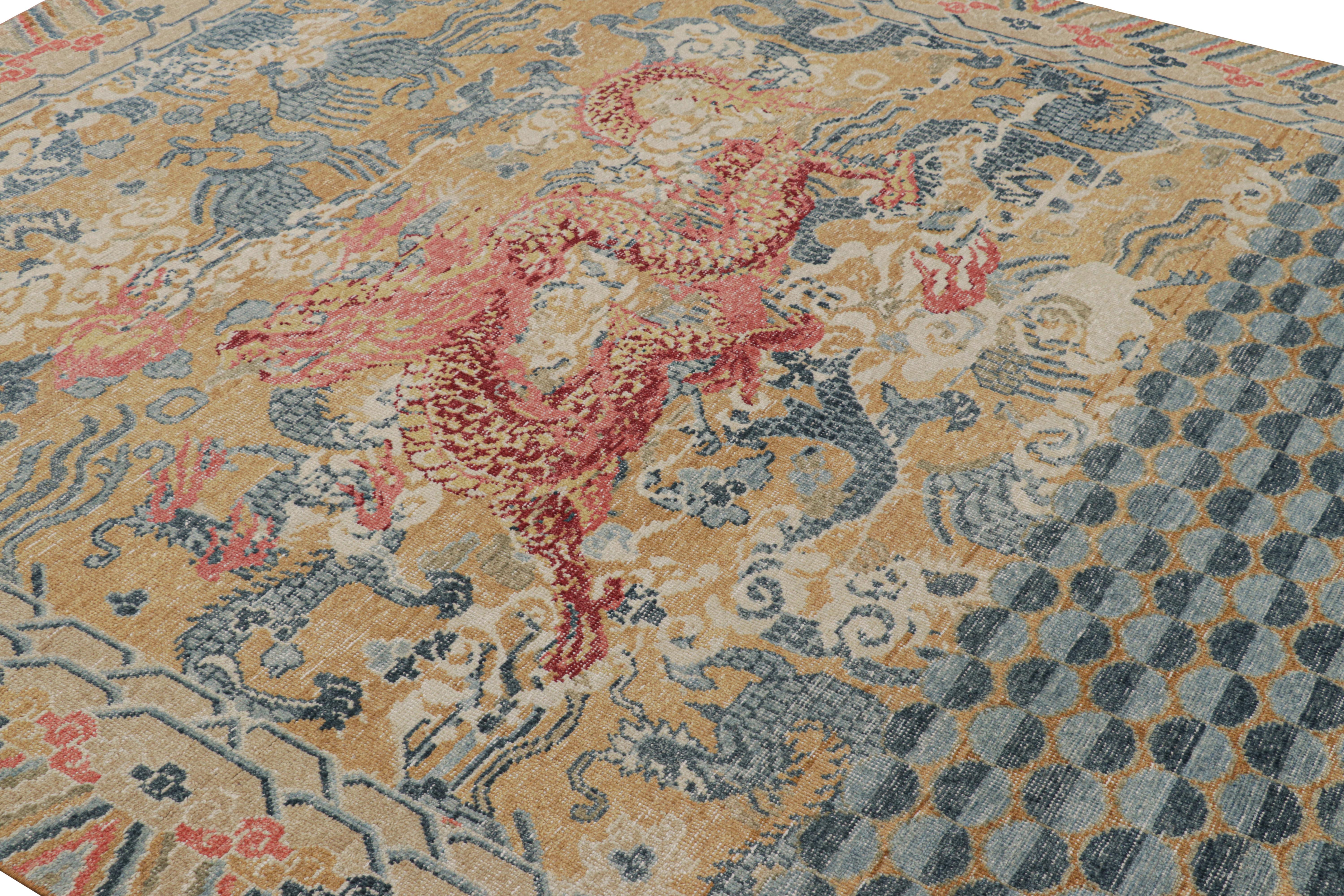 Hand-knotted in wool, this 8x10 modern dragon distressed rug, originating from India, is an exciting addition to the Rug & Kilim collection. 

On the Design: 

Connoisseurs may admire this distressed dragon rug’s design which recaptures Oriental