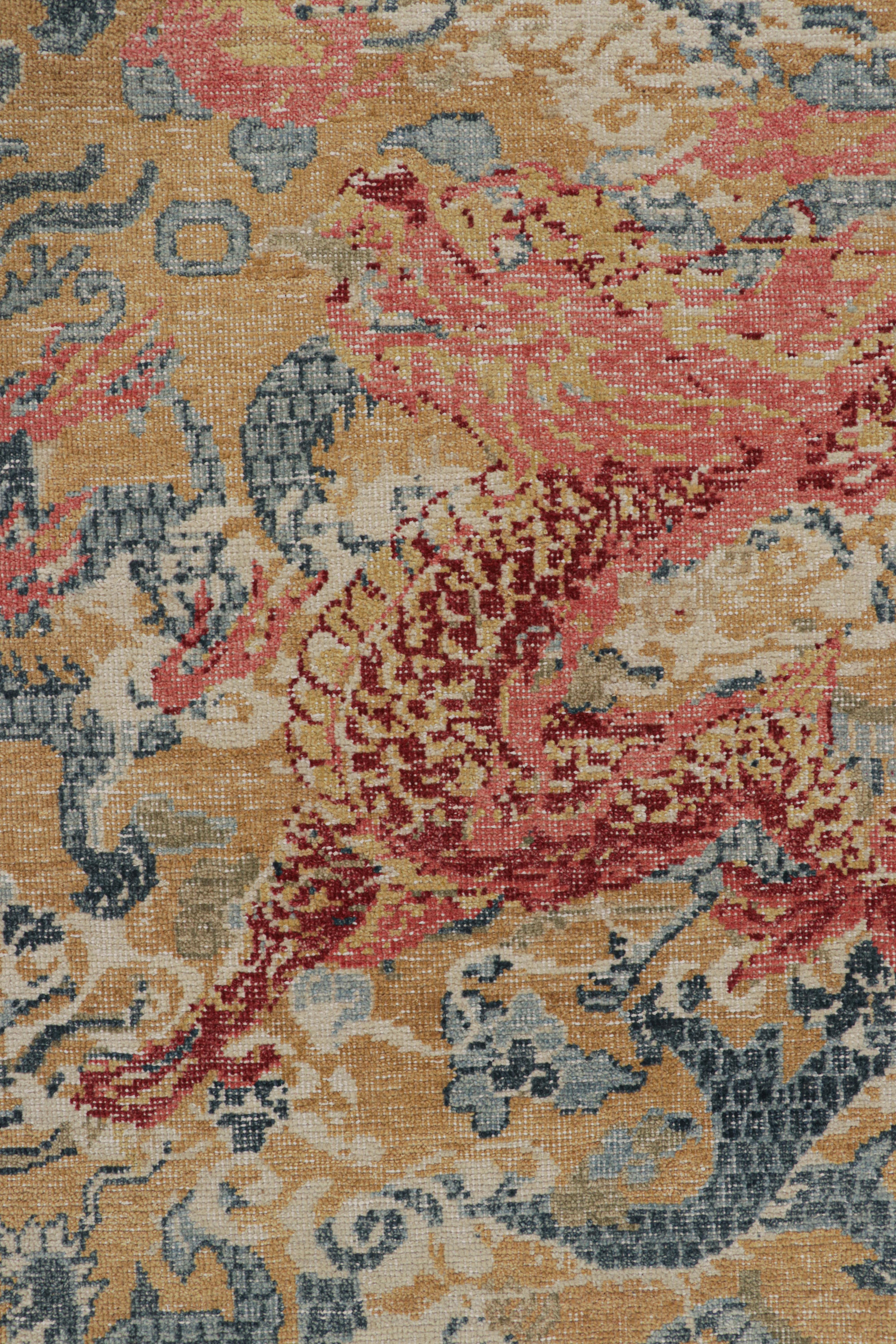 Modern Rug & Kilim’s Distressed Dragon Rug in Blue, Ochre and Red Pictorial Patterns For Sale