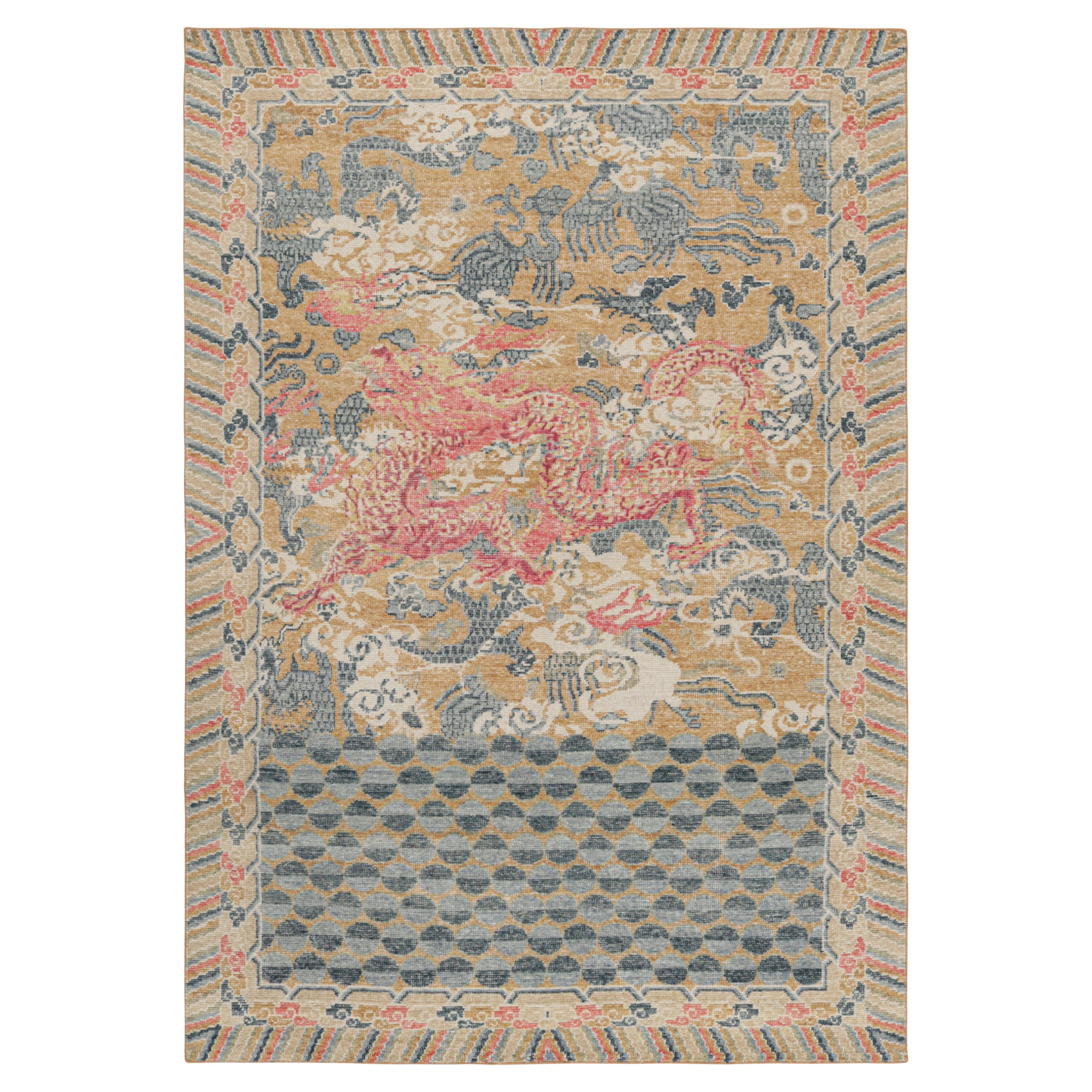 Alfombra Dragón Desgastada de Rug & Kilim con motivos pictóricos en azul, ocre y rojo