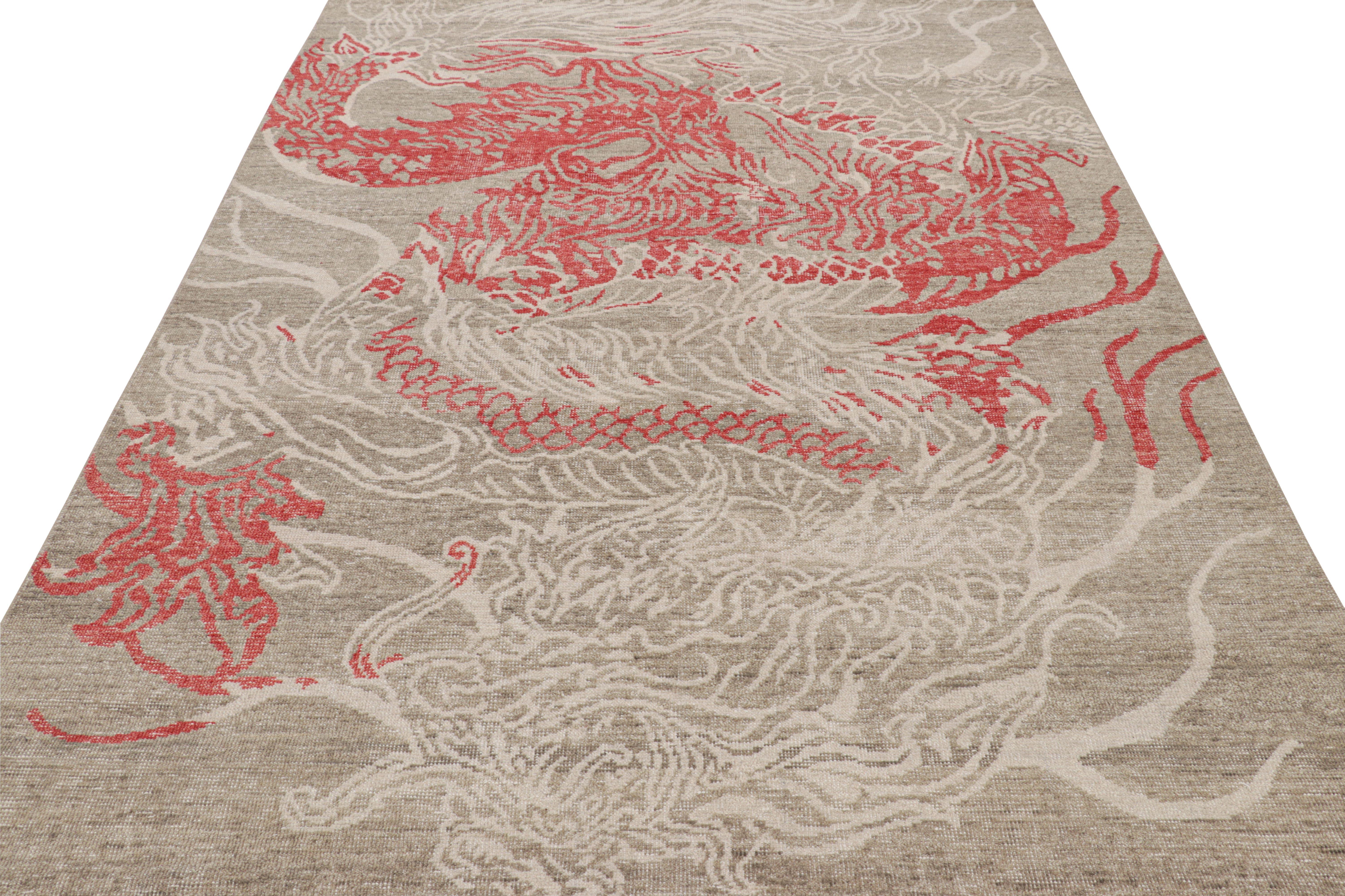 Alfombra Dragón Desgastada de Rug & Kilim con motivos pictóricos en rojo, gris y blanco Anudado a mano en venta