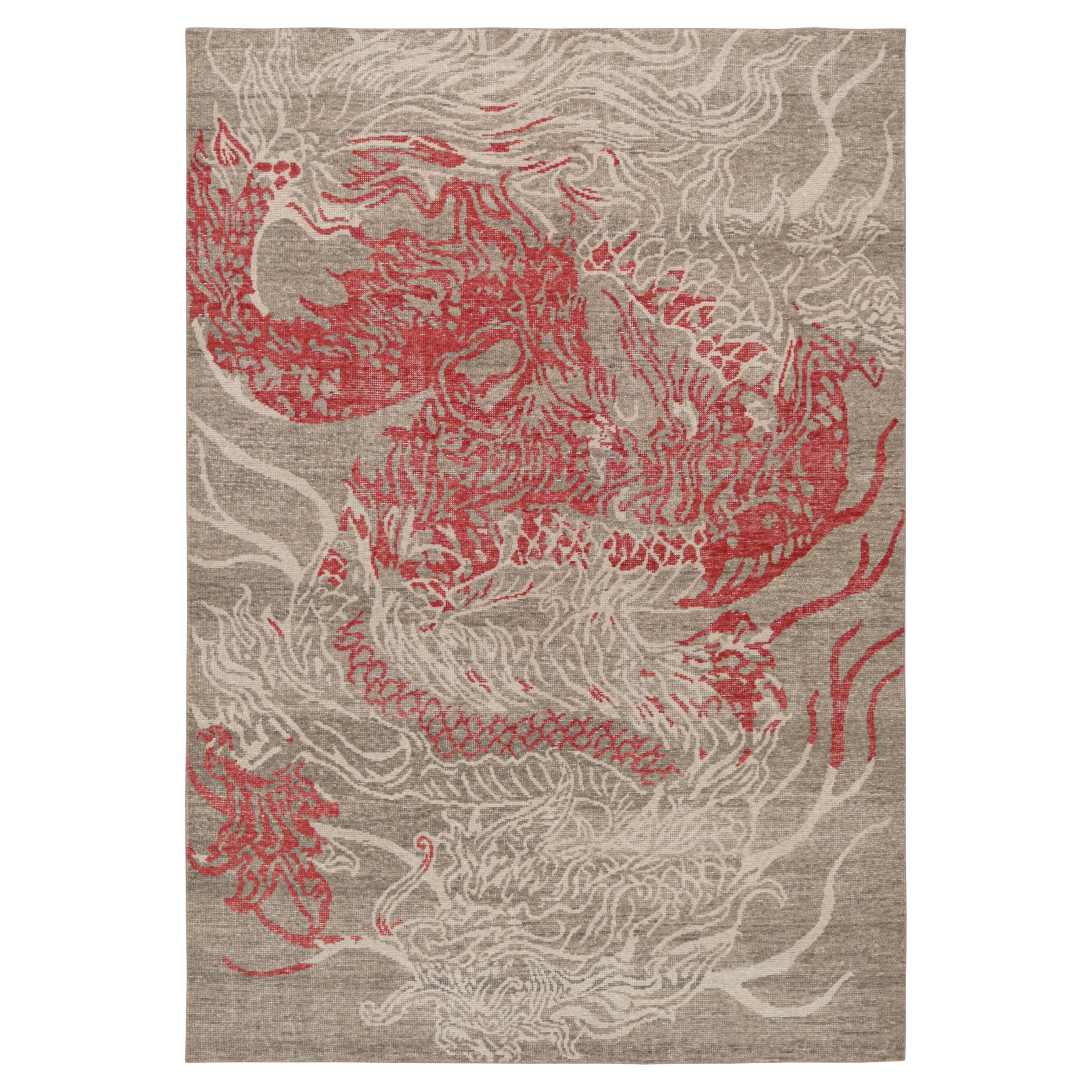 Alfombra Dragón Desgastada de Rug & Kilim con motivos pictóricos en rojo, gris y blanco en venta