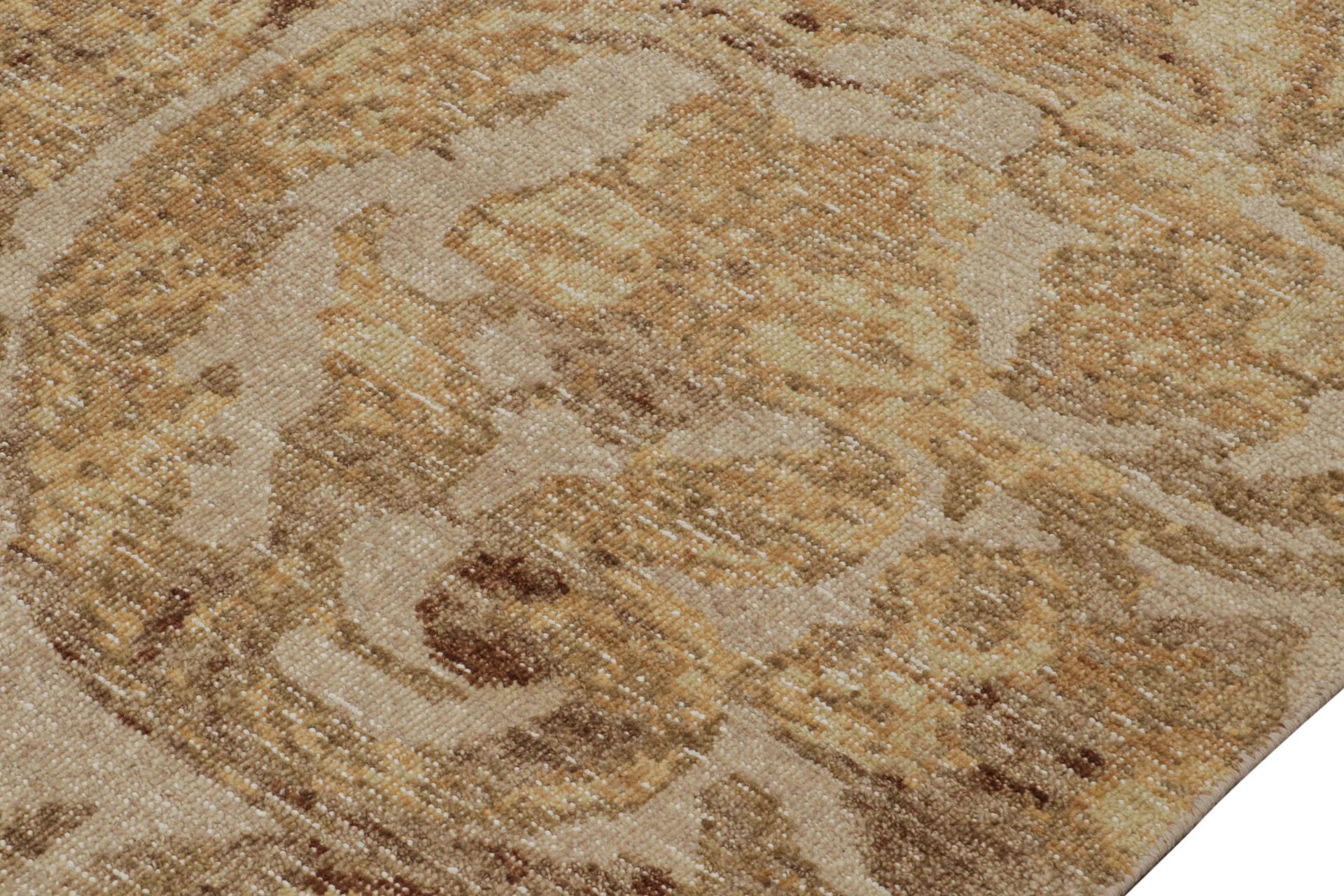 Hand-Knotted Rug & Kilim’s Distressed European Rug In Beige-Brown & Gold Floral Pattern For Sale