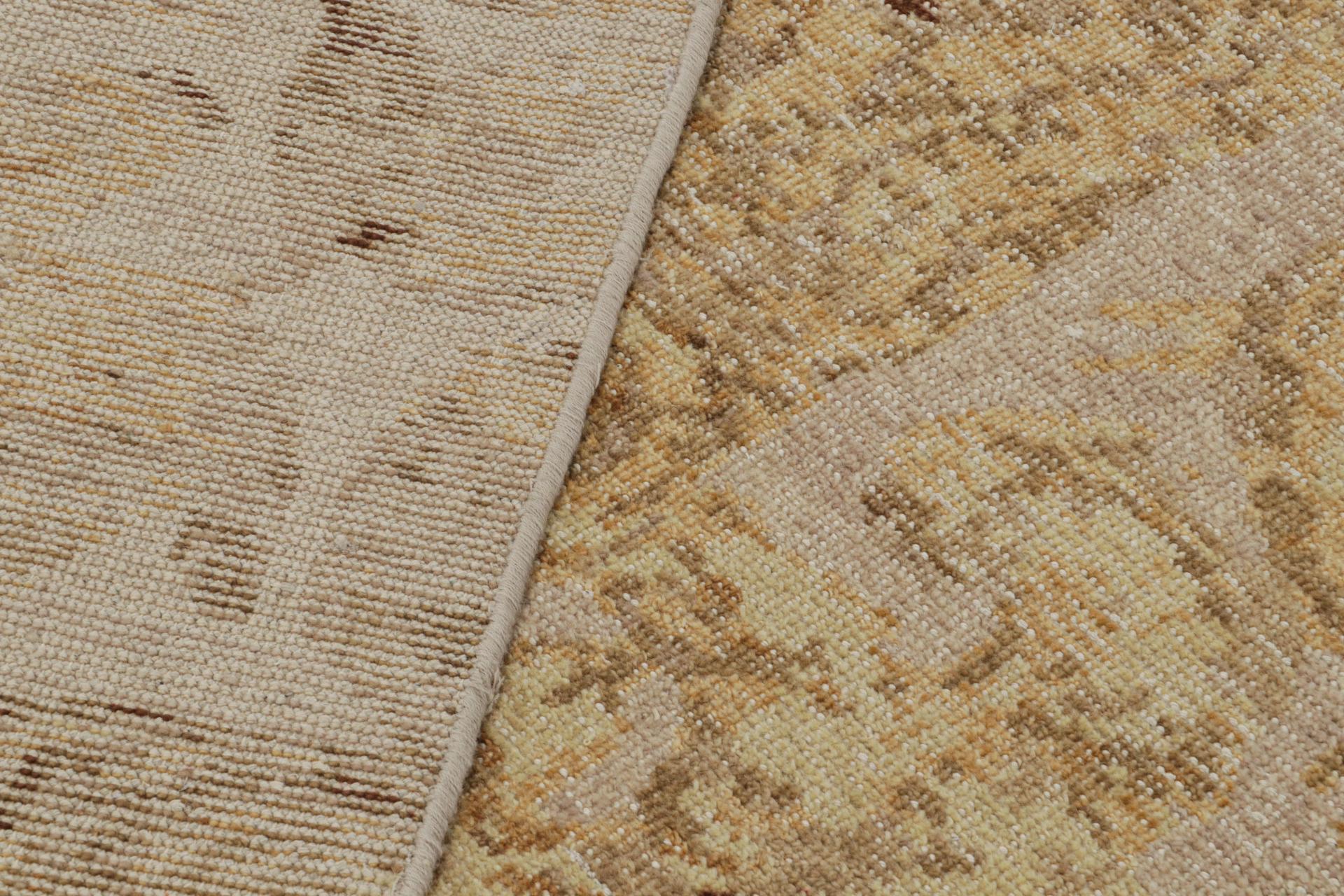 Contemporary Rug & Kilim’s Distressed European Rug In Beige-Brown & Gold Floral Pattern For Sale