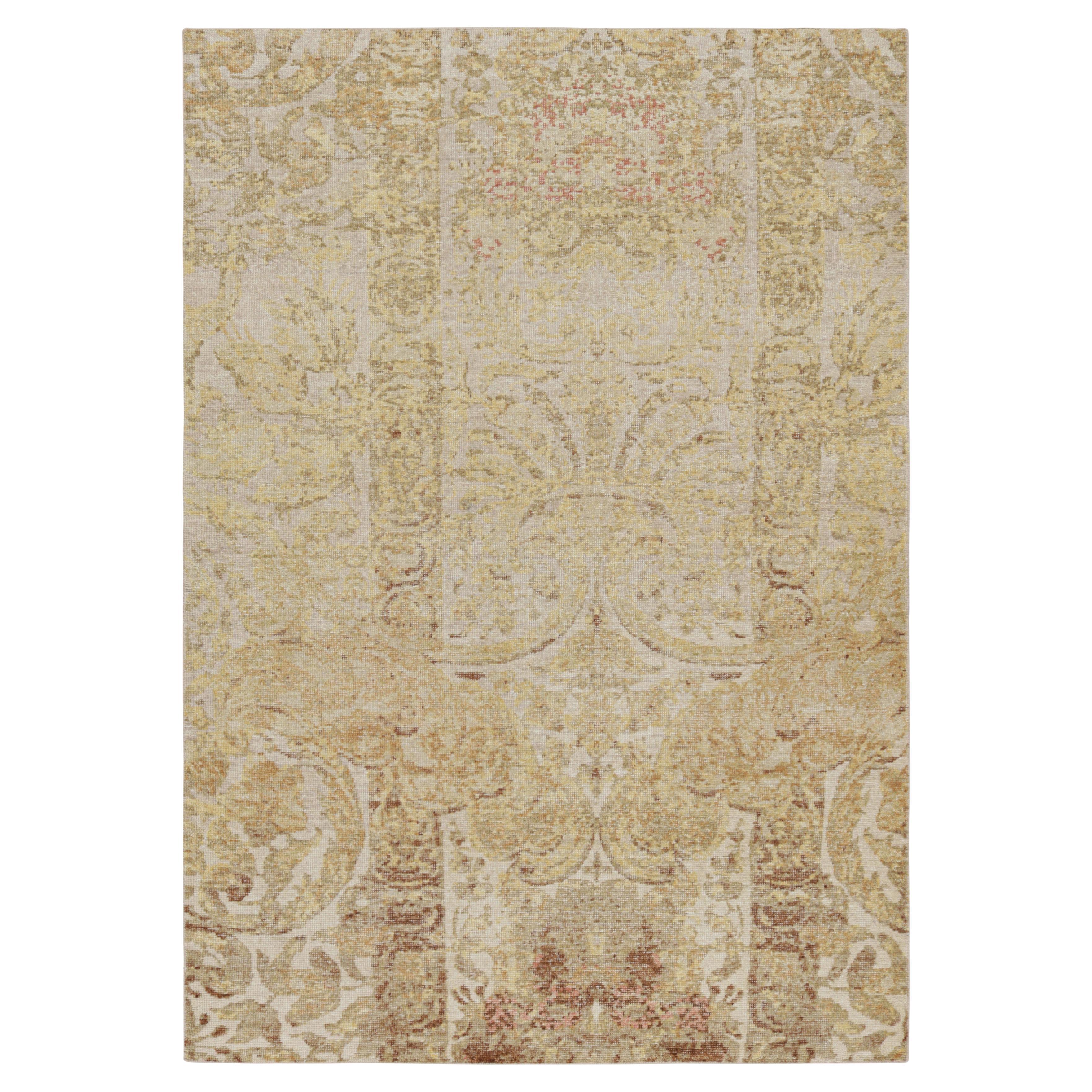 Rug & Kilim’s Distressed European Rug in Beige-brown & Gold Florals