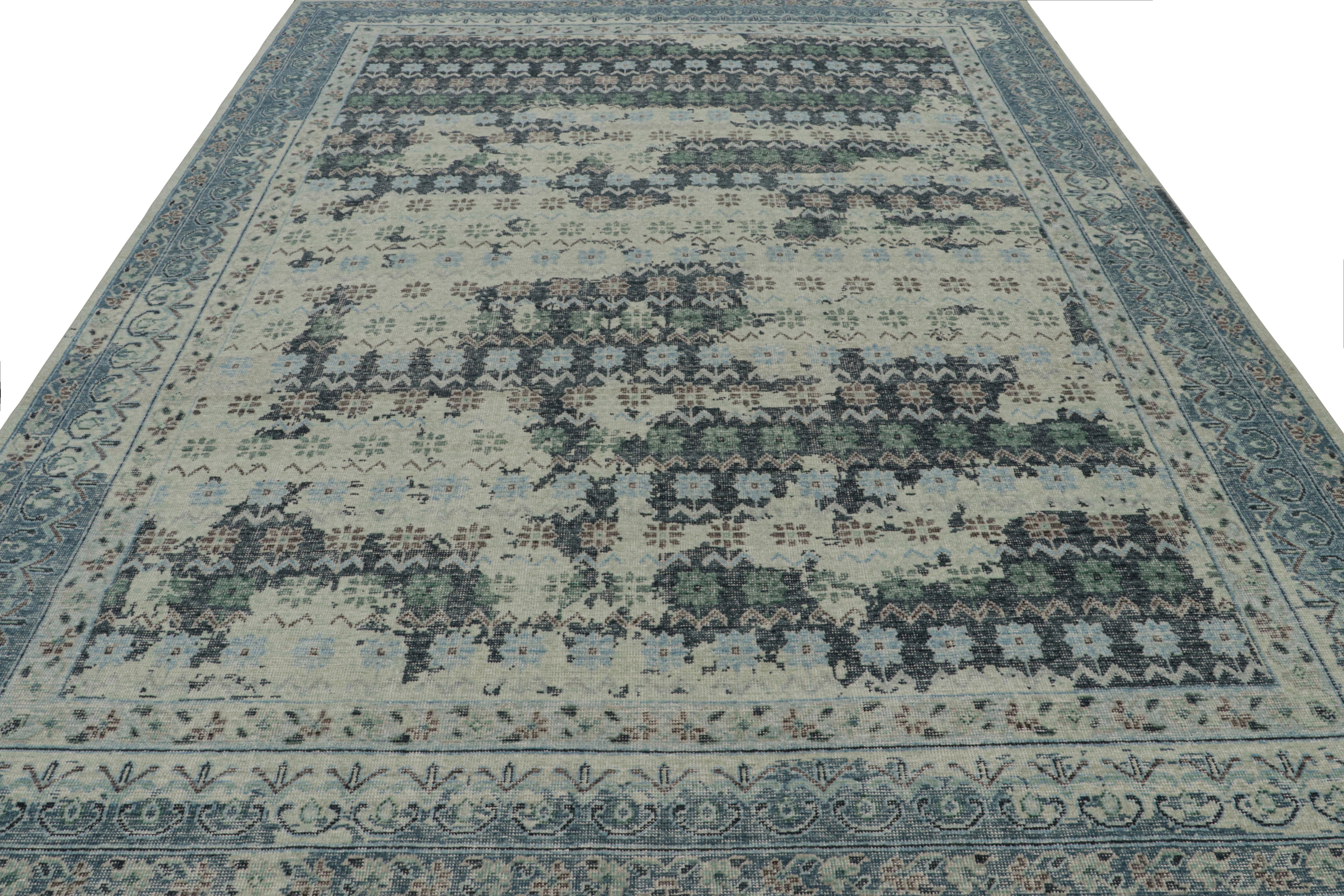 Modern Rug & Kilim’s Distressed European Rug in Blue and teal with Floral Patterns For Sale