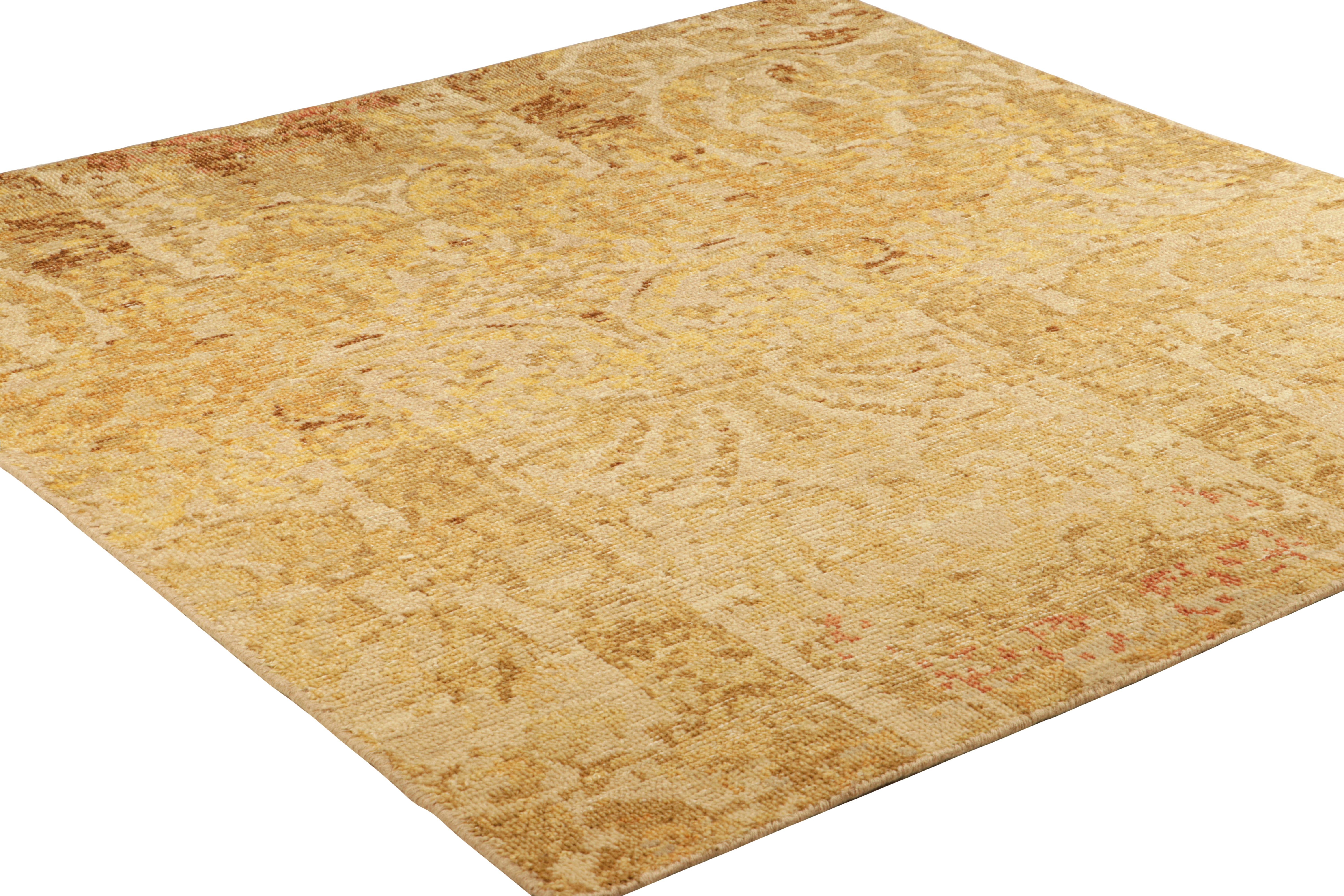 Hand-Knotted Rug & Kilim’s Distressed European Square Rug in Beige-brown & Gold Florals For Sale