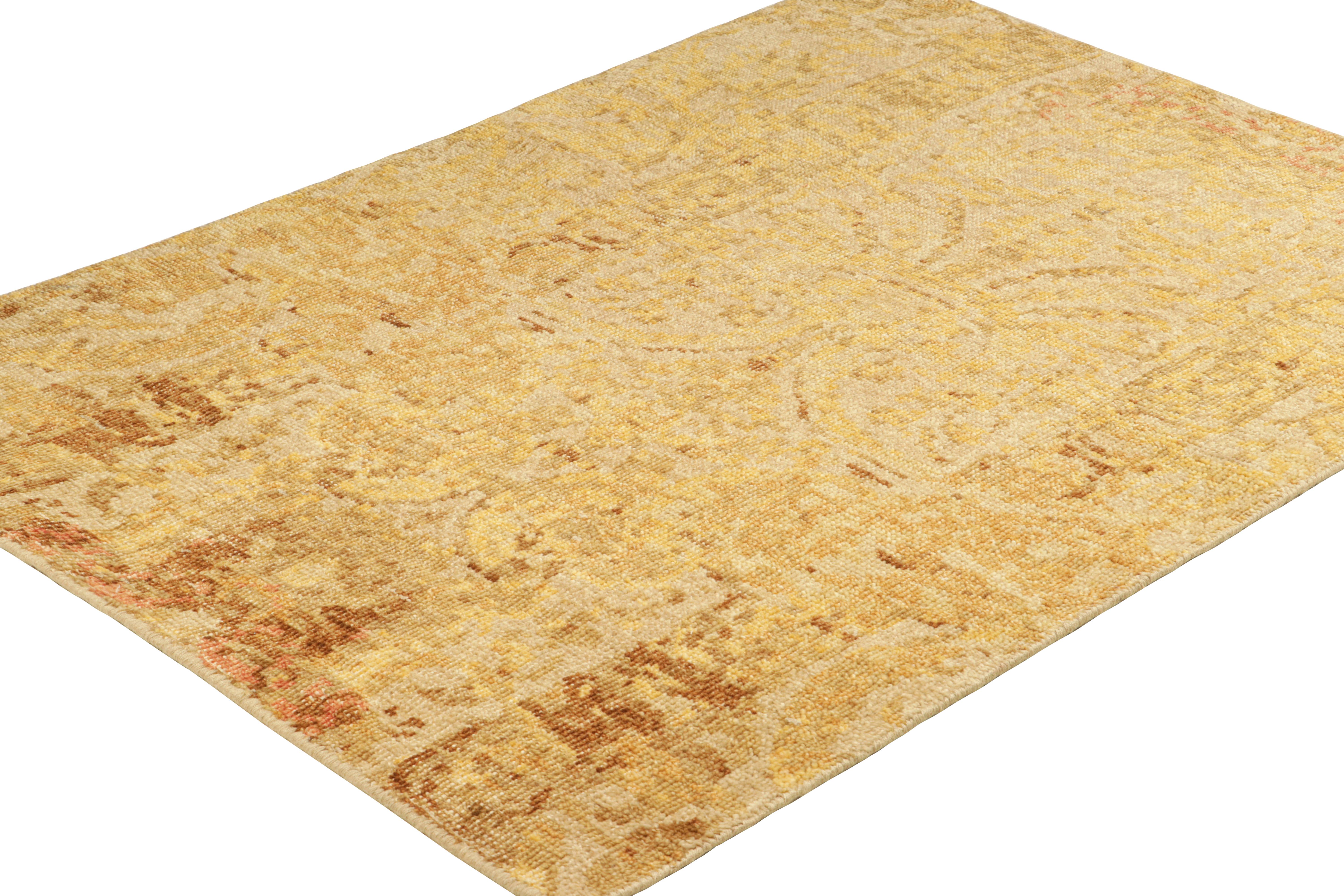 Hand-Knotted Rug & Kilim’s Distressed European Square Rug in Beige-brown & Gold Florals For Sale