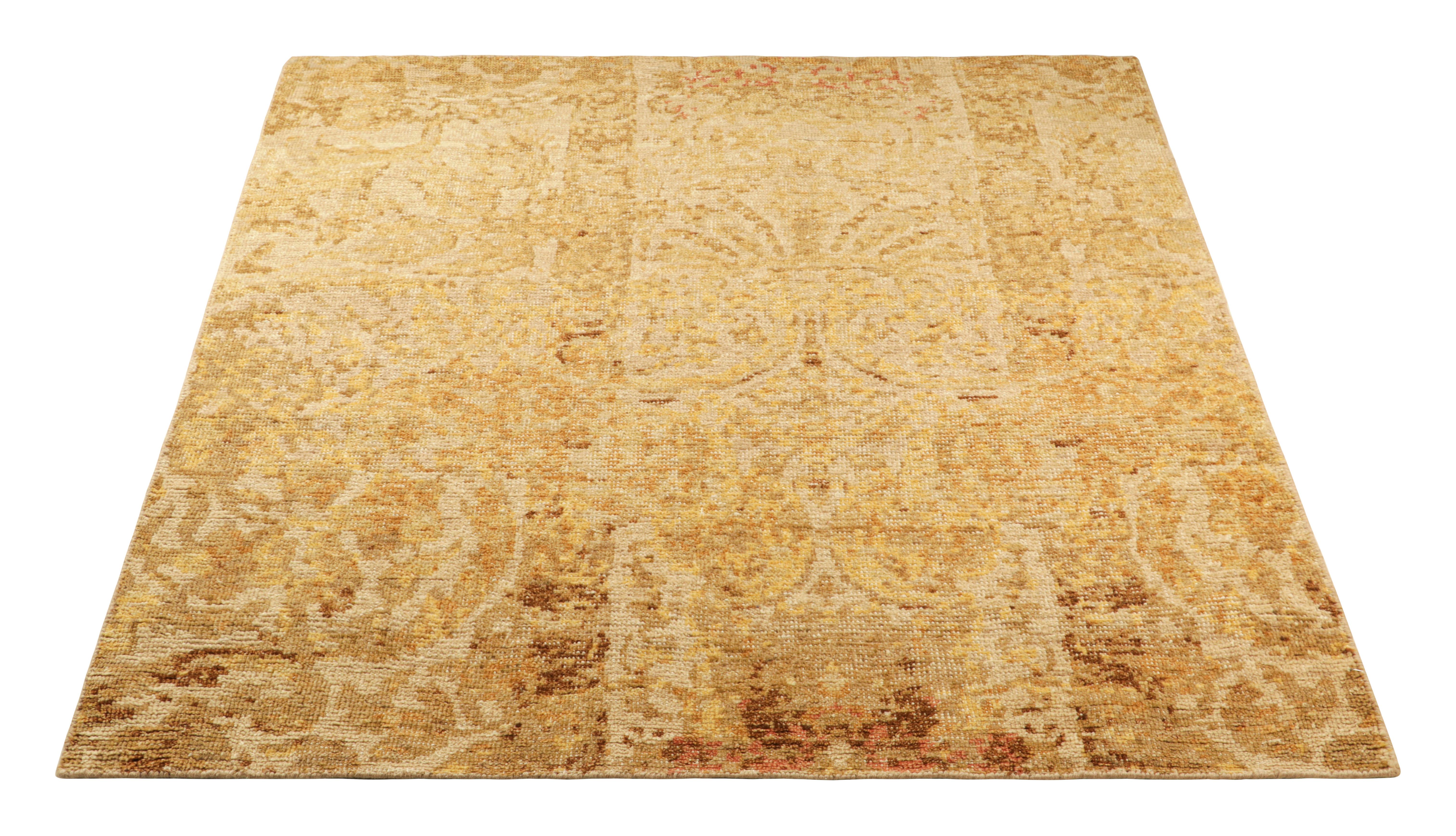 Rug & Kilim’s Distressed European Square Rug in Beige-brown & Gold Florals In New Condition For Sale In Long Island City, NY